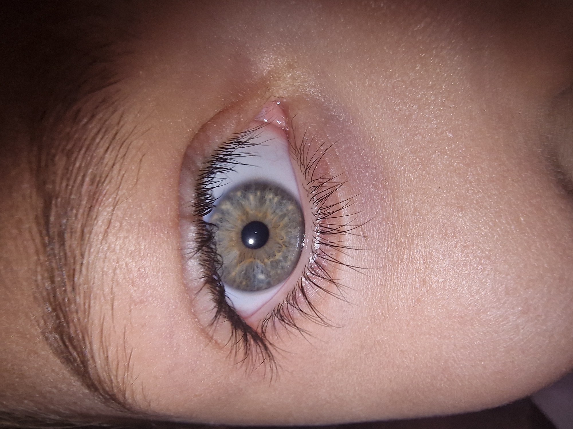 A close-up image depicts a human eye. The iris is a mix of gray, green, and brown. The pupil is black and centered. Eyelashes are dark and surround the eye. Skin and eyebrow hairs are visible around the eye. The overall environment is blurry and indistinct.