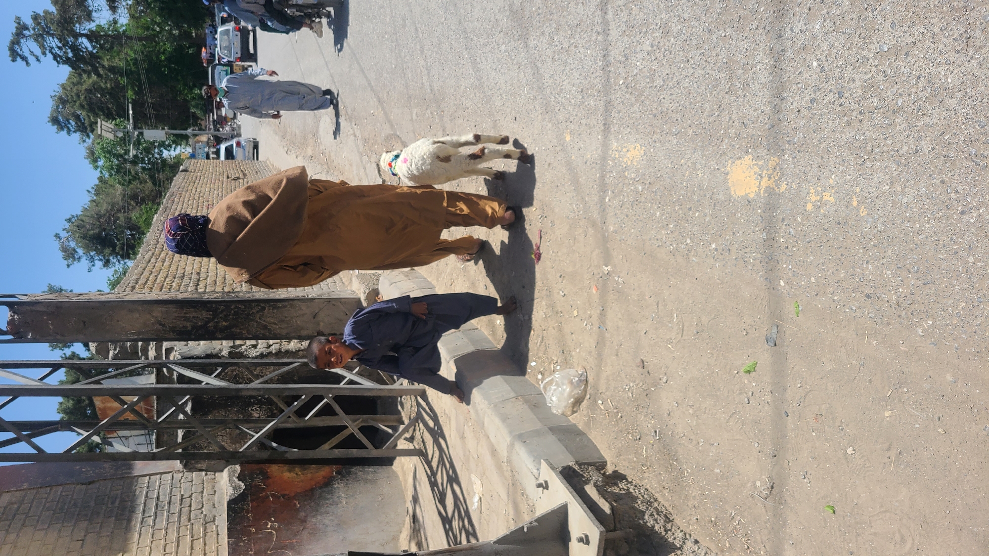 The image shows a street scene in Quetta City Tehsil, Pakistan. An older man in a brown robe and headdress walks alongside a white and brown goat. A younger man in a blue outfit stands near a concrete structure adjacent to a weathered building with an exposed metal framework. In the background, other people and vehicles are visible on the road. The street surface is asphalt with some discoloration.