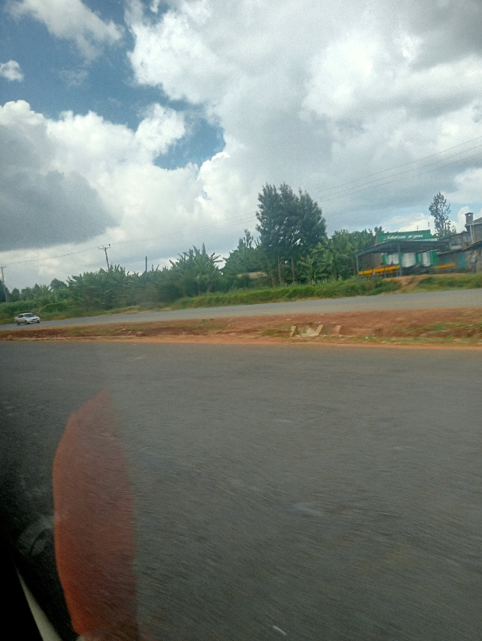 The image depicts a roadside scene in Karatina, Kenya, under a sky with significant cloud cover and patches of blue. The foreground features a dark grey asphalt road surface, blurred horizontally consistent with motion, and partially obscured on the lower left by a dark, indistinct object likely from a vehicle's interior. A large, blurry orange-red reflection dominates the lower-center of the frame on the road.
To the right of the asphalt, a reddish-brown dirt embankment runs parallel to the road. Beyond this, a dense line of green vegetation, including tall trees with slender trunks and broad-leafed plants resembling banana trees, extends across the midground. Several wooden utility poles with overhead electrical wires are visible above the tree line.
In the distance on the left, a white car is partially visible on what appears to be an adjacent roadway. On the right, a light-colored building with a green sloped roof is present, partially obscured by trees. Above this structure, a green sign with white lettering clearly displays "Salamu za Pewa." Further to the right, behind the primary building, a second structure with a dark roof and a chimney is visible. The sky occupies the upper portion of the frame, showing large, scattered white and grey clouds against a light blue background.