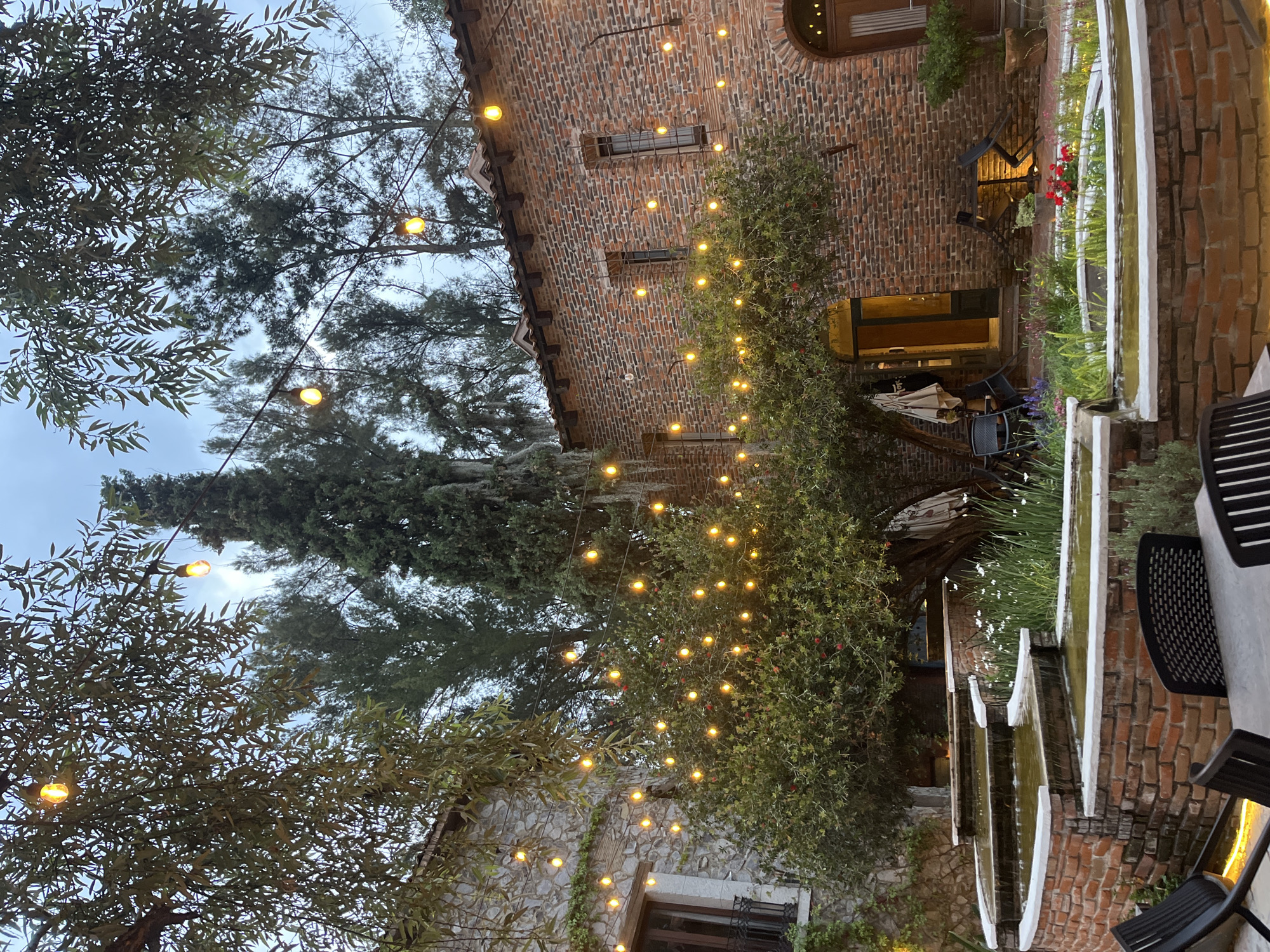 The image shows an outdoor courtyard, likely in Domingo Arenas, Mexico. The architecture features brick and stone buildings, with hanging string lights illuminating the scene. Tables and chairs are arranged near a water feature, which runs along a brick wall and is lined with plants and flowers. Trees are also visible, adding to the outdoor setting. The sky is visible through the branches and has a cloudy look, suggesting it might be dusk or a cloudy day.