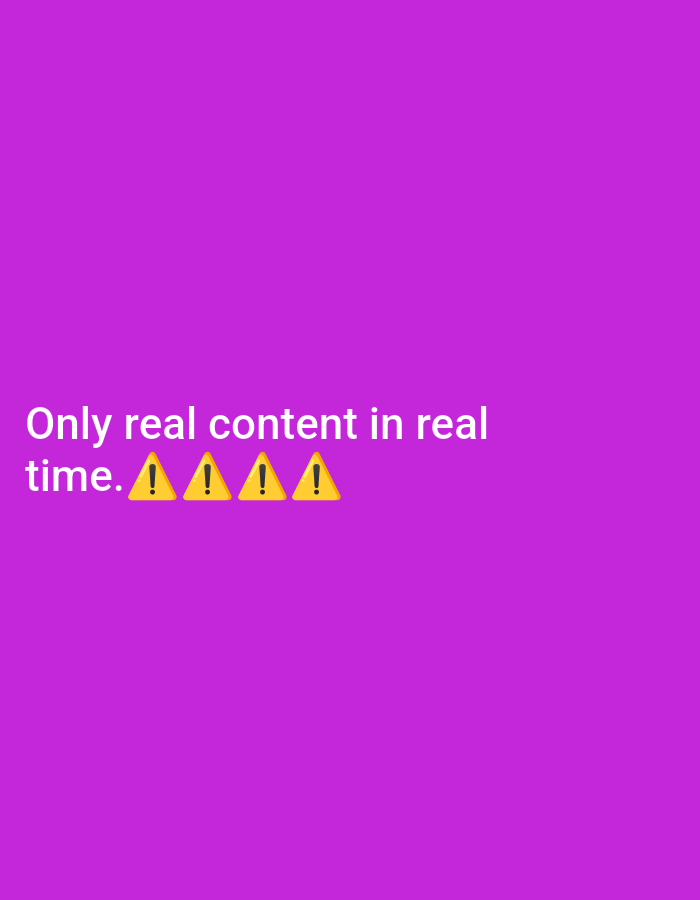 The image features a solid, vibrant purple background. In the lower-left portion of the frame, white sans-serif text is displayed, reading: "Only real content in real time." Directly below this text, there are four yellow and black warning sign emojis (⚠️) arranged in a horizontal line. The image contains no depictions of people, distinct objects, or specific environmental settings, suggesting it is a digitally created graphic rather than a photograph. The primary content is the textual statement and the accompanying emojis, which emphasize the message.
