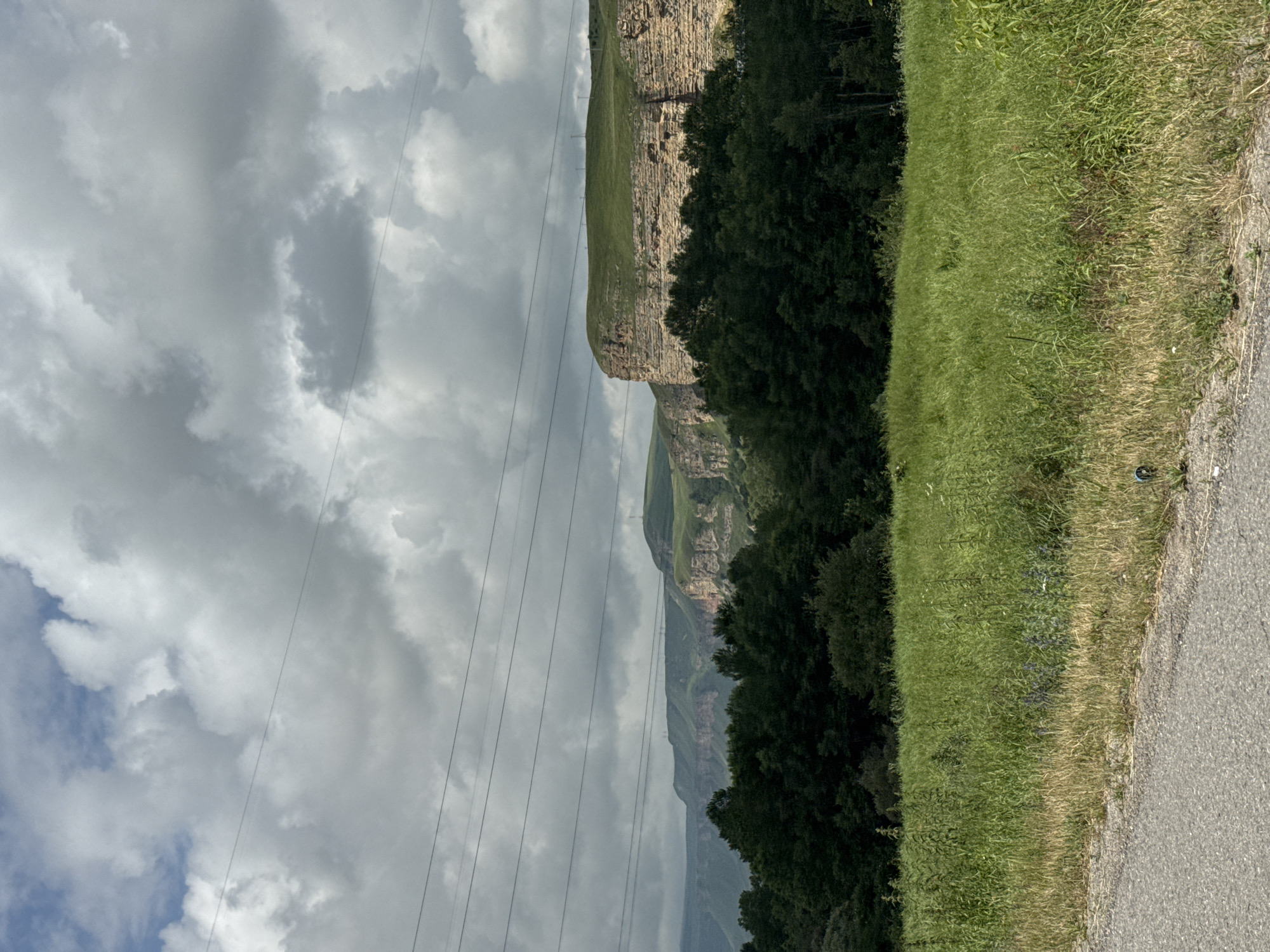 This is a landscape photograph taken in the vicinity of Кубина, Russia. The image depicts a vast, open field of tall green grass in the foreground, with a paved road running along the left edge. Behind the field is a dense line of dark green trees, forming a natural barrier. Beyond the trees, a dramatic series of layered rock formations and hills rise, their sides carved and striated, with a green, grassy plateau capping the uppermost layer. The sky above is filled with dramatic, heavy grey and white clouds, suggesting a dynamic weather system. Multiple power lines are strung across the sky, running horizontally through the frame at varying heights, supported by distant poles that are visible against the landscape. The overall impression is one of rugged natural beauty under a brooding sky.