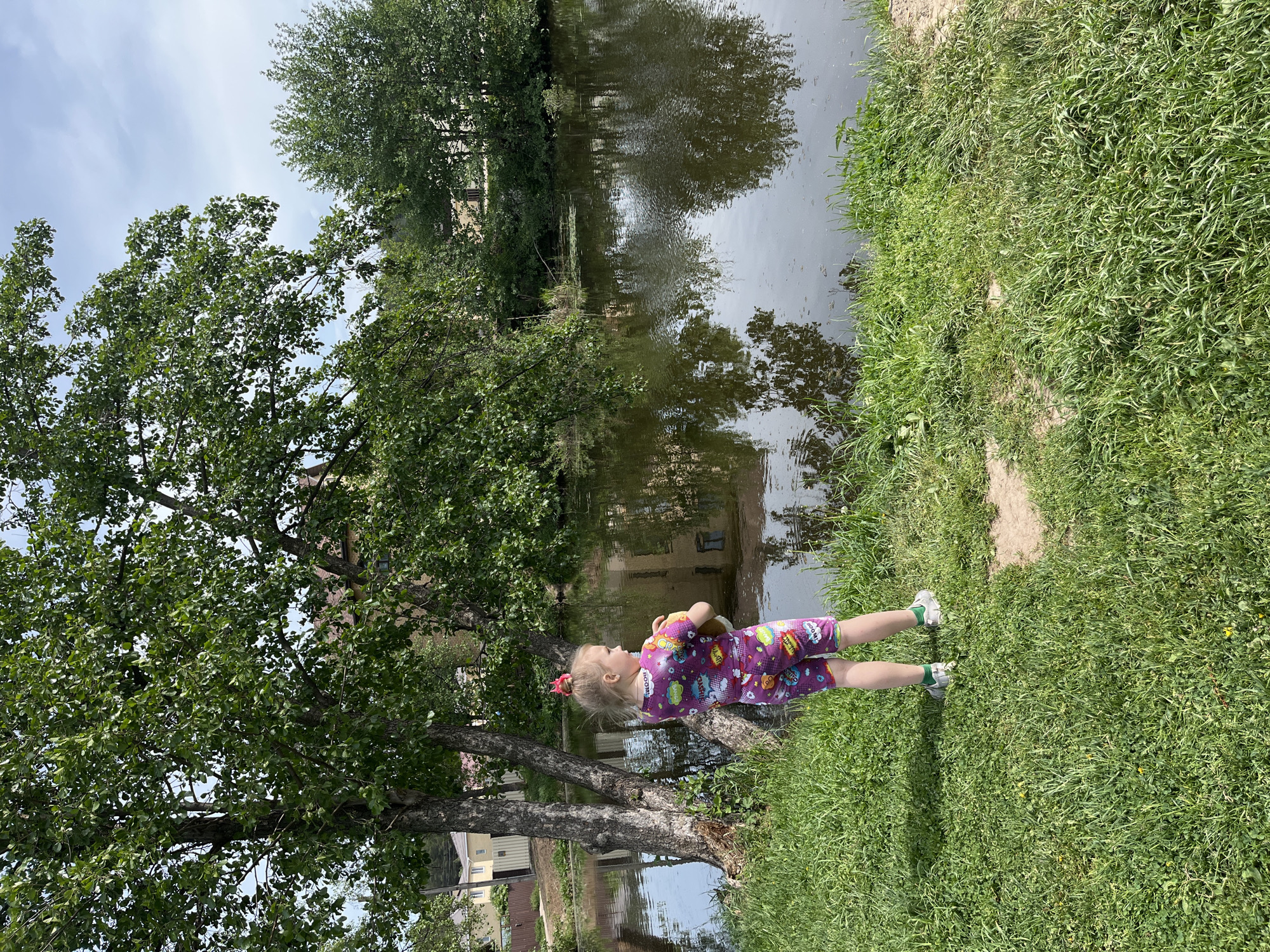 A full shot, taken outdoors in the city of Chaikovsky, Russia, shows a young child standing near the edge of a body of water that may be a canal or pond. The water reflects the surrounding greenery. A large, mature tree stands to the left of the child, its branches extending towards the sky. The child has fair skin, blonde hair pulled back with a red hair accessory, and is wearing a purple jumpsuit with cartoonish designs. They are clutching a plush toy and looking towards the water. The ground is covered with green grass. In the background, a glimpse of a building can be seen, suggesting the location is within a populated area of Chaikovsky.