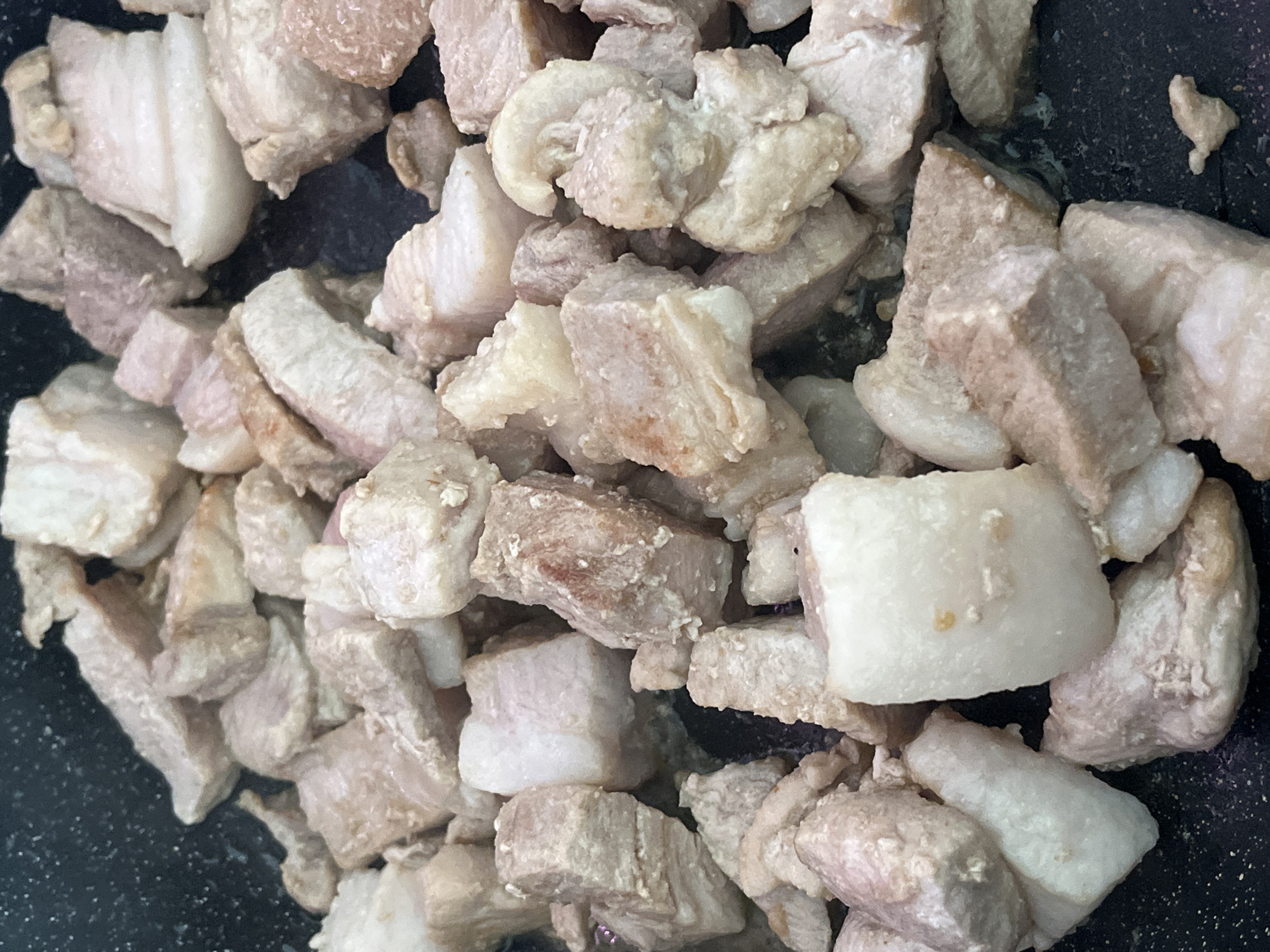 The image presents a close-up, overhead perspective of numerous irregularly shaped pieces of pork, primarily consisting of rendered fat and lean meat, distributed across the dark, textured surface of a cooking pan. The individual meat pieces vary in size, generally cuboid, ranging from approximately 1 to 3 centimeters in dimension. Their coloration spans from off-white and pale beige for the fattier sections to light brown and muted pink for the lean muscle, with some pieces exhibiting a marbled composition. The surfaces display varying textures, some appearing smooth and glossy from rendered fat, while others show slight browning and a coarser, cooked texture. No individuals or additional objects beyond the meat and the pan's interior are visible. The action depicted is the ongoing cooking or rendering process of the pork pieces. This scene is situated in Saint Petersburg, Russia.
