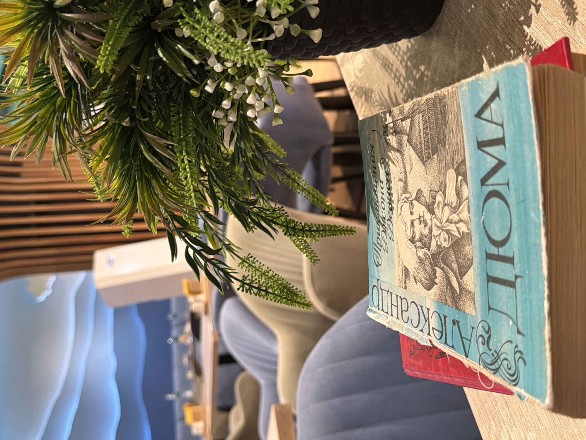 The image depicts a close-up view of two books on a table, with a floral arrangement to the right and blurred seating in the background. The book in the foreground has a light blue cover with black text and an illustration. The text appears to be in Cyrillic script. The illustration on the cover features a portrait of a man and a sailing ship. The book is slightly worn, with visible page edges. A red book is partially visible underneath the blue book. The floral arrangement consists of green foliage and small white blossoms, placed in a dark basket. The background shows several rows of upholstered chairs, some light blue and some beige, arranged in a seating area. The environment appears to be indoors, possibly a cafe or a lounge, with wooden architectural elements visible in the upper background and a ceiling with blue and white decorative lighting that resembles clouds. The lighting suggests it is daytime, with natural light illuminating the scene. The city of Kazan is not identifiable from the visual information present in the image.