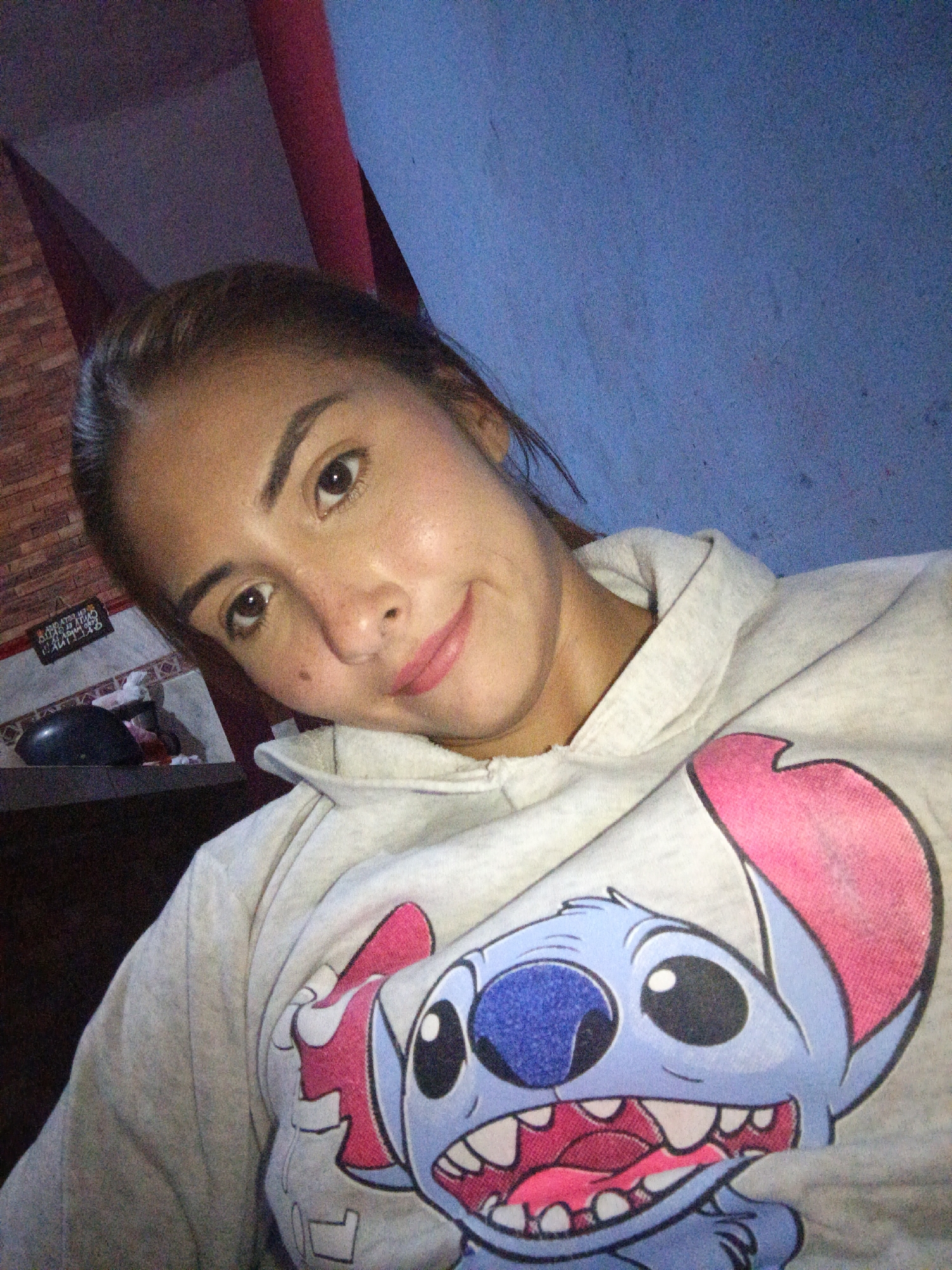 A young adult female is captured in a close-up selfie, positioned indoors in Juan Griego, Venezuela. She possesses a light to medium complexion, dark hair pulled back, and dark eyes, with a small dark mole located below her right eye. Her expression is a subtle smile, with her head slightly tilted towards the camera. She is wearing a light gray hooded sweatshirt, prominently featuring a graphic of the character Stitch from Disney's *Lilo & Stitch*, depicted with blue fur, large black eyes, pink inner ears, and an open, wide mouth. The background to her left reveals a wall with a reddish-brown brick-like pattern, a dark framed object with illegible inverted text, and a dark, possibly reflective, object (potentially a helmet) situated on a surface alongside crumpled white material. To her right, a muted blue wall is visible, intersected by a dark reddish-brown vertical element, possibly a structural beam or curtain. The scene is lit by indoor ambient light, contributing to minor image grain.