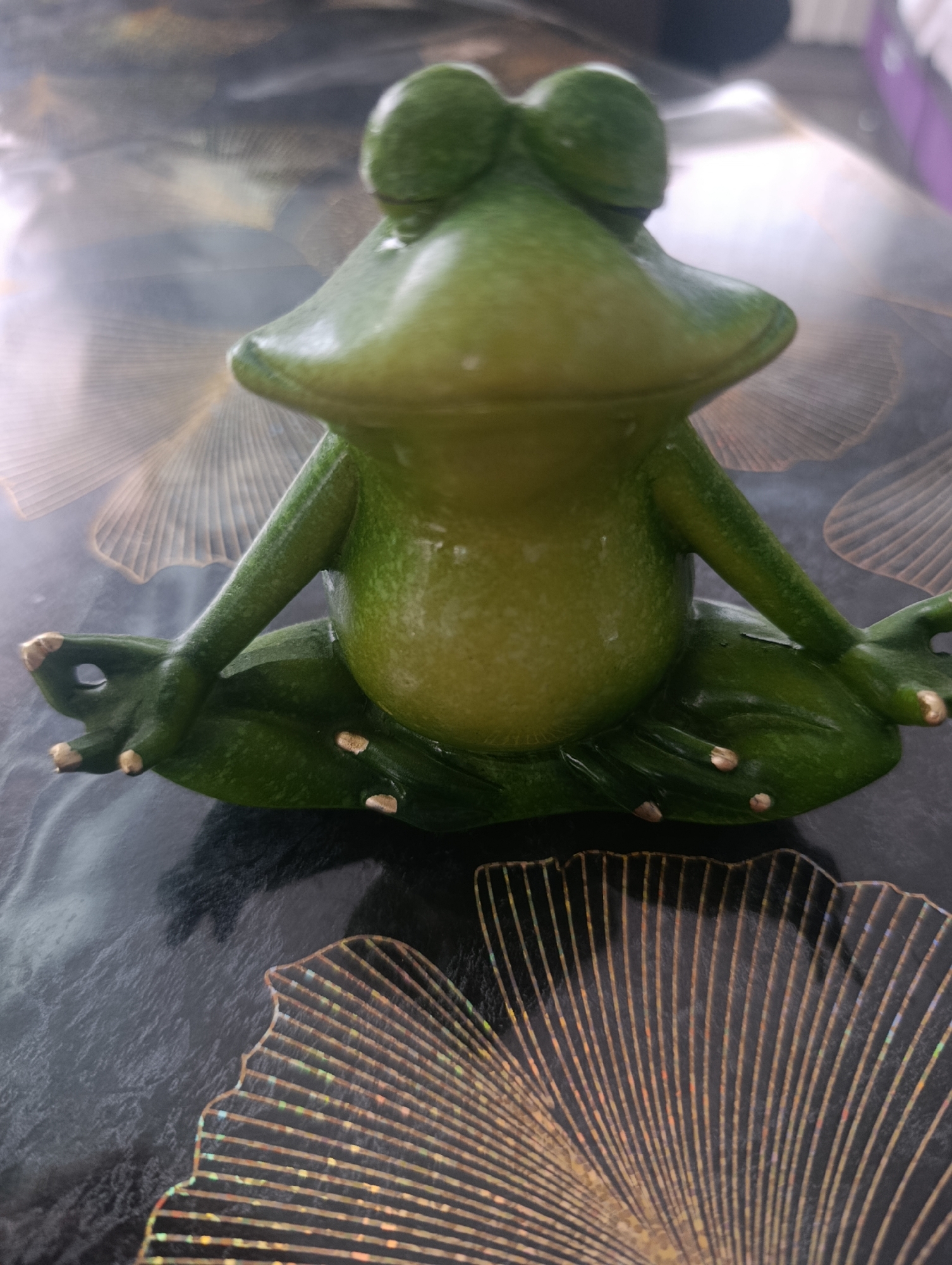 A green, ceramic frog figurine is positioned in a meditating pose on a dark, patterned surface. The frog has its eyes closed and its hands resting on its knees, with its thumbs and index fingers touching to form a circle. The surface beneath the frog features a repeating, fan-like pattern with metallic gold or copper lines. The background is blurred and reflective, suggesting an indoor setting, possibly a tabletop or shelf. There is no indication of a specific location in Blagoveshchensk, Russia, or any people present in the image.