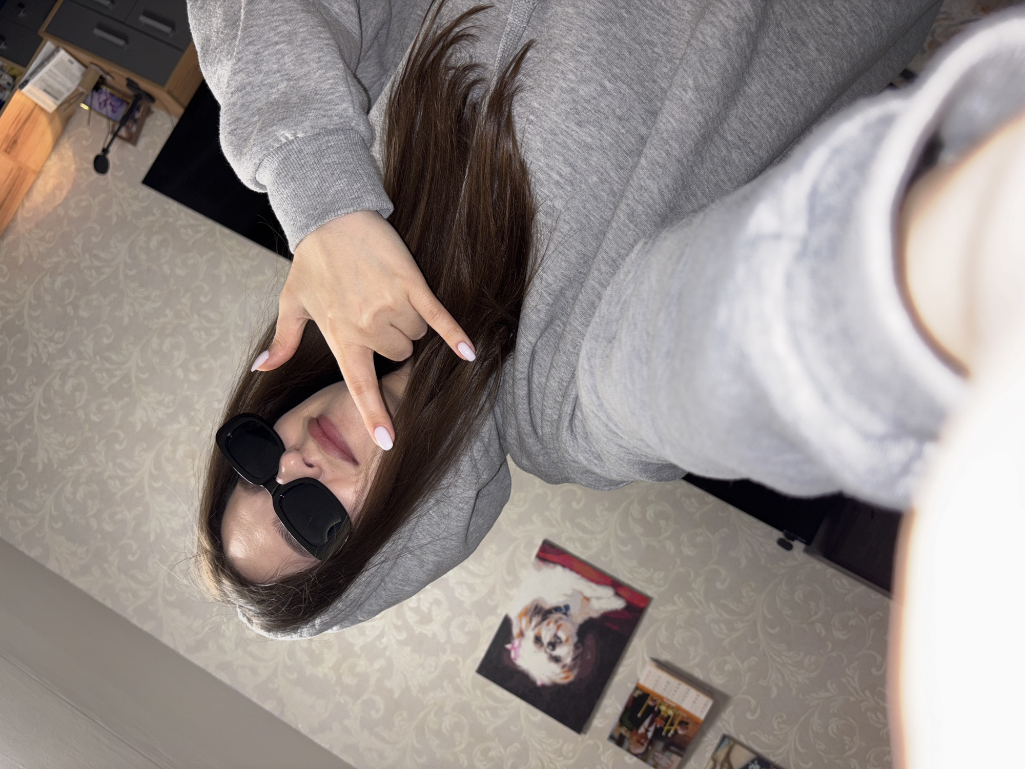 An overhead, rotated selfie depicts a person, likely female, in an indoor setting in Chaikovsky, Russia. The individual wears a grey hooded sweatshirt and dark rectangular sunglasses, which obscure their eyes. Their long, dark brown hair cascades over their shoulder and chest. The person's right hand is visible, featuring light pink nail polish, and is posed with the thumb and pinky finger extended while the middle two fingers are bent, creating a gesture. The lips are slightly parted.
The background shows light-colored wallpaper with an ornate, scrolling pattern. In the upper left corner, wooden flooring is visible next to a dark grey chest of drawers or cabinet. A small black stand or tripod is also present near this furniture. On the floor or a low surface, a framed picture or print of a small, white and brown dog with a bow (resembling a Shih Tzu) is prominently displayed. Next to it, a smaller rectangular object, possibly a book or another print, shows unreadable text, which appears to be in an East Asian script. A larger, dark rectangular object, possibly a screen or mat, lies on the floor. The image is brightly lit, suggesting daytime conditions indoors. The overall composition is dynamic due to the high-angle, rotated perspective.