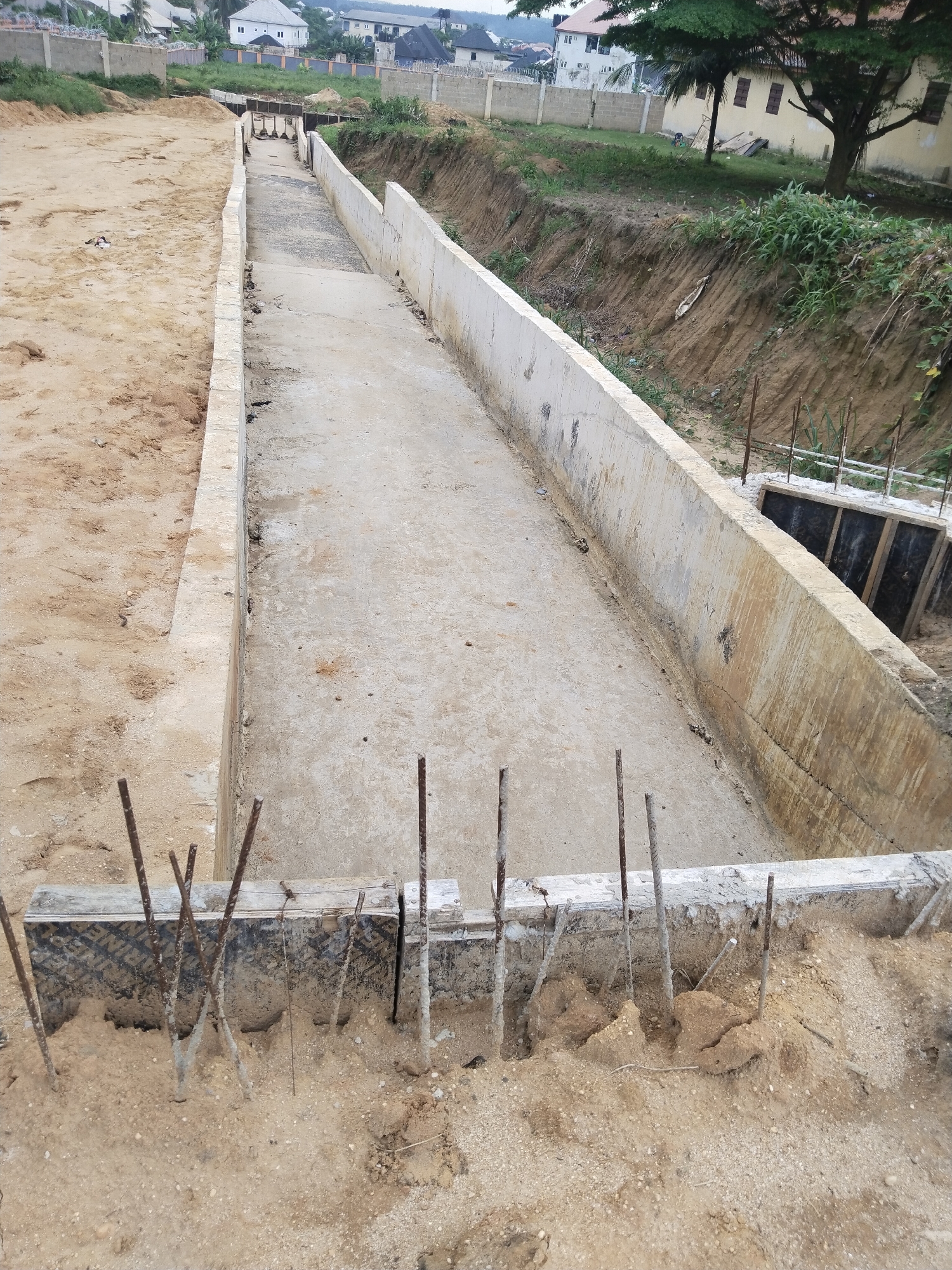 This image captures a concrete drainage channel or culvert under construction in Uyo, Nigeria. The channel, viewed from a slightly elevated perspective, stretches into the distance, showcasing its concrete floor and vertical side walls. The immediate surroundings consist of disturbed sandy soil, indicative of recent excavation.
In the foreground and extending along the channel, numerous rusty rebar (reinforcement bars) are visibly protruding from the ground and partially completed concrete sections, signaling ongoing structural work or preparations for future extensions. Dark-colored wooden formwork, likely marine plywood, is used for shaping new concrete sections, particularly visible at the nearest end and further down the channel. Partial text "MARINE PLYWOOD" is discernable on some of this formwork.
To the left of the channel lies a broad expanse of sandy, untamed ground. To the right, an earthen bank slopes upwards, covered with patches of green grass and other vegetation. In the background, beyond the channel, residential buildings with light-colored facades and dark roofs are visible amidst more greenery, suggesting a developing or suburban area. The lighting appears soft and diffused, characteristic of an overcast day or early morning/late afternoon. No people are present in the scene, and no specific activities beyond the general state of construction are directly depicted. The overall impression is one of infrastructure development in progress.