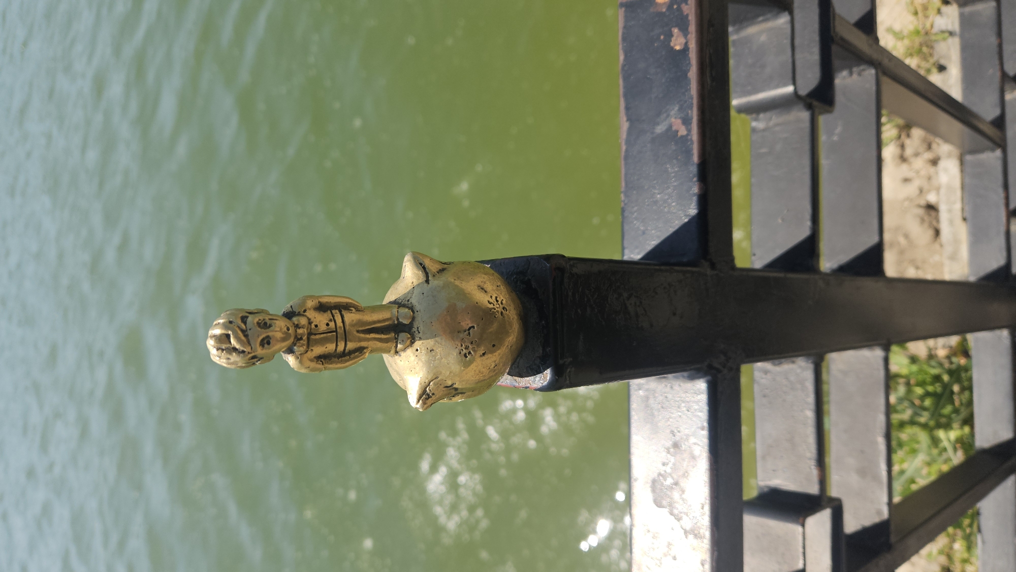 The image depicts a gilded metallic statue of a human figure, affixed to a black metal railing. The statue is positioned so that it appears to overlook a body of water with a greenish hue. The railing is part of a fence or barrier, with sections of the landscape visible beyond.
This is a view of the railing near the "Grigore Vieru" bronze figure at the Alley of Classics in the Public Garden "Stefan cel Mare si Sfant" (Stephen the Great Central Park) in Chișinău, Moldova.