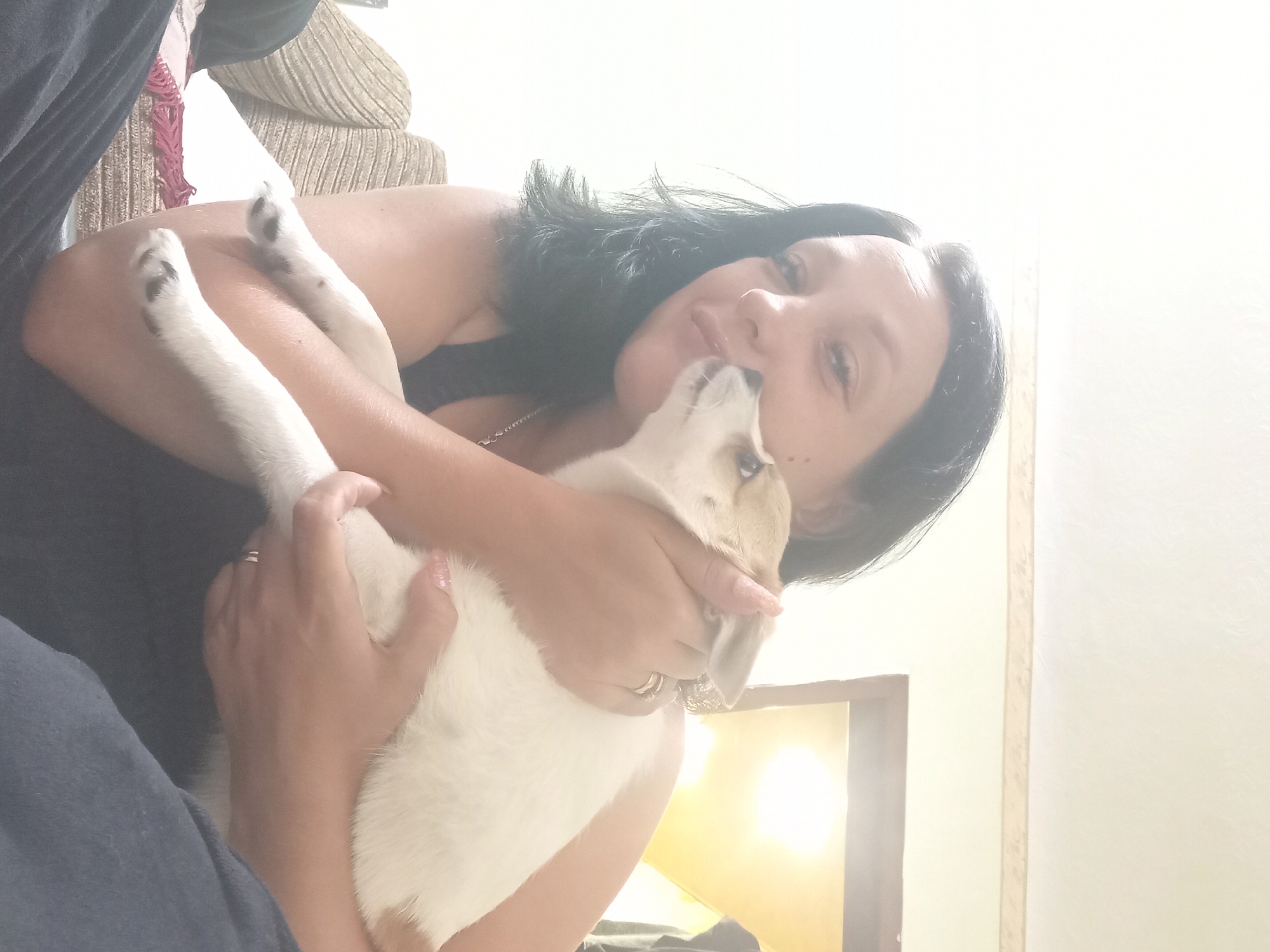 A woman with dark hair and light skin, wearing a dark tank top and a necklace, is holding a small, light-colored dog with brown markings. The dog is looking up and nuzzling the woman's cheek. The woman is wearing rings on her fingers. They are both sitting on a couch with a patterned fabric. In the background, a doorframe with a light source behind it is visible, along with a section of a light-colored wall with decorative trim. The scene appears to be indoors, possibly in a residential setting. There is no information in the image that allows for an assessment of its location within the city of Chuhuiv, Ukraine.