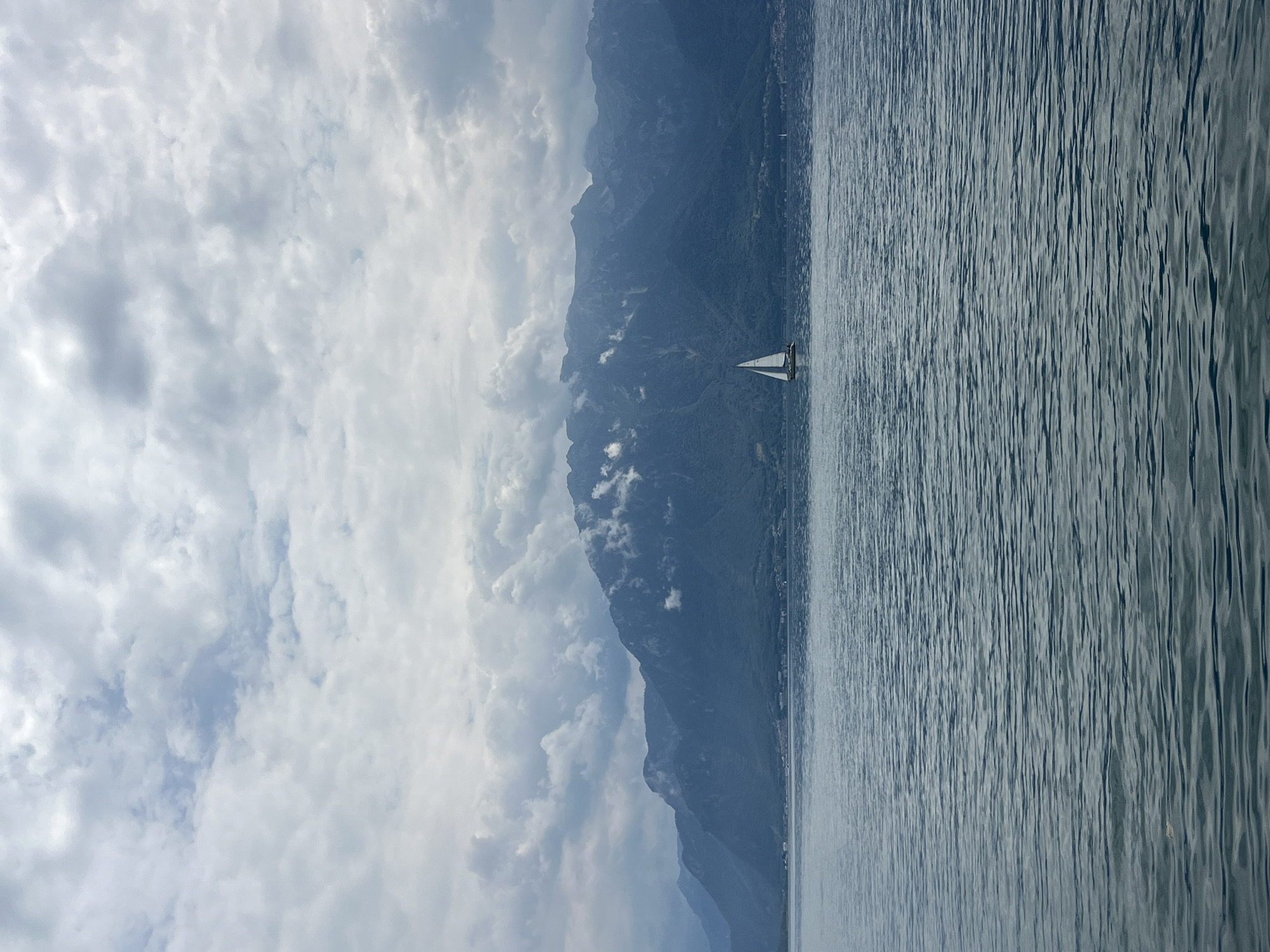 The image captures a serene panoramic view of Lake Geneva with the Swiss Alps in the background. A lone sailboat navigates the calm waters, its white sails a stark contrast against the muted tones of the sky and mountains. The sky is filled with a layer of soft, overcast clouds, adding a diffused light to the scene. The mountains, draped in lush greenery, rise majestically, their peaks partially obscured by wisps of clouds, hinting at their grandeur. In the distance, the faint outline of the city of Vevey can be seen nestled along the shoreline, characterized by scattered buildings and structures that blend into the natural landscape. The water's surface is gently rippled, reflecting the subdued colors of the sky and creating a sense of tranquility. The overall impression is one of peaceful coexistence between nature and civilization.