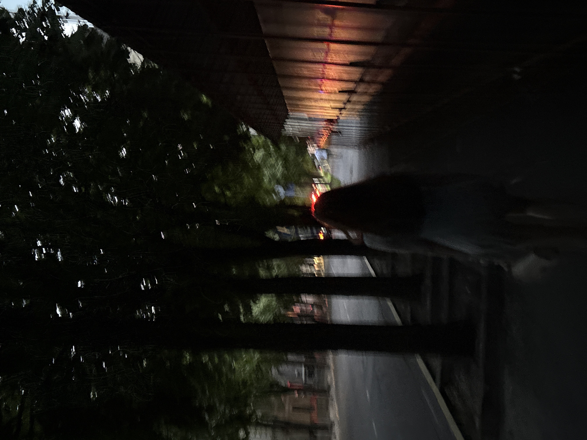 The image captures a blurred view of a street in Dnipro, Ukraine, at dusk or night. In the foreground, a person, appearing to be a woman with long dark hair, walks away from the camera on a sidewalk. She is wearing a light-colored dress and carrying a white bag. To her right, a long, covered structure with illuminated panels casts warm light onto the wet pavement, reflecting the lights of passing vehicles. A street with a white line marking is visible to the left of the sidewalk, with several trees lining the road and sidewalk, their foliage dark against the sky. In the background, blurred buildings and more trees suggest an urban environment. The overall impression is one of movement and low light conditions.