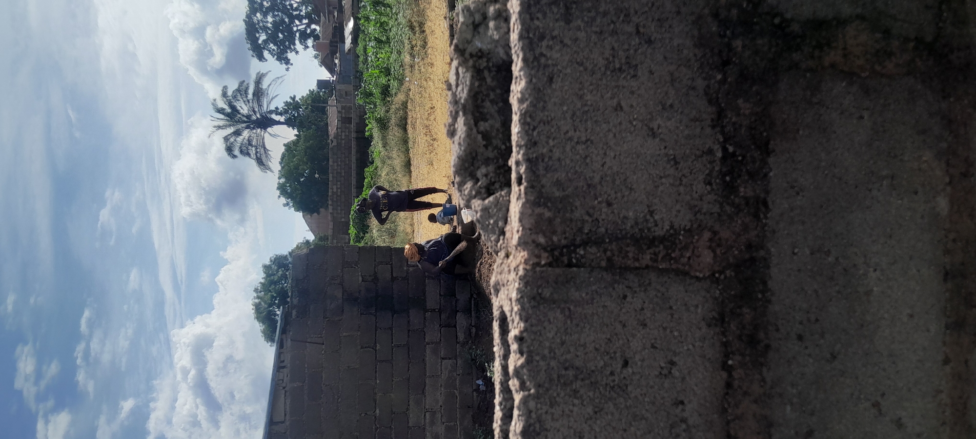 The image depicts a scene in Gura Top, Nigeria, on a partly cloudy day. In the foreground, blurred concrete blocks partially obscure the view. In the mid-ground, a person is seated against a dark brick wall, holding a broom. Nearby, a small child is standing. Further back, another person is standing with their hands on their hips, facing away from the viewer. The environment includes dry, yellowish grass and sparse vegetation, with a palm tree and other trees visible in the background. Several buildings, some appearing partially constructed or in disrepair, are also present in the distance. The overall impression is one of an outdoor, possibly rural or developing, area.