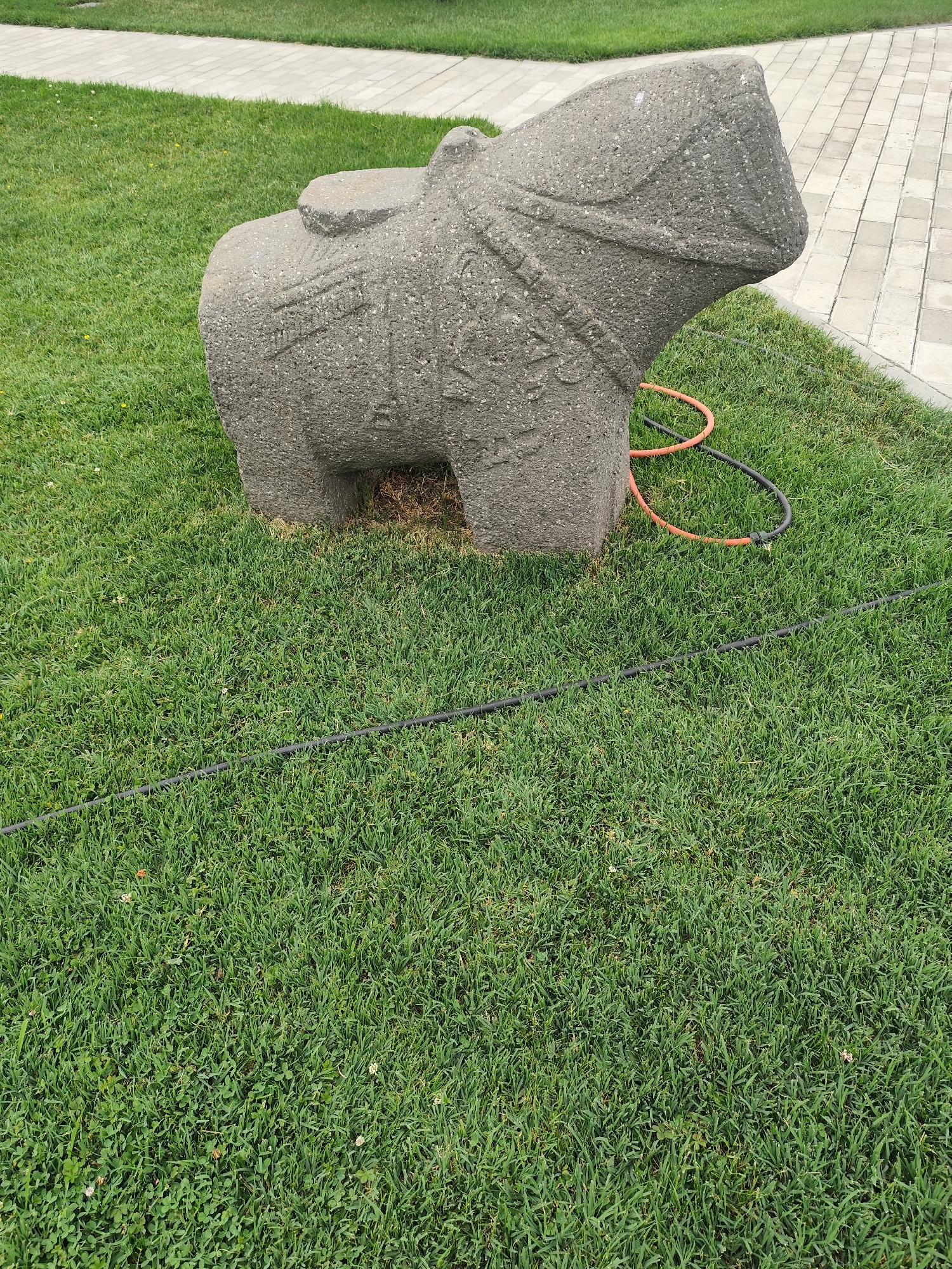 The image shows a stone sculpture of an animal, possibly a horse, with saddle-like markings, placed on a patch of green grass. The sculpture is weathered and appears to be made of rough-hewn stone. Beside the sculpture, there is an orange hose coiled on the ground. In the background, a paved walkway made of light-colored rectangular stones runs alongside the grass. The scene is set outdoors, with the grass and walkway indicating a park or public area. The sculpture's location is confirmed as Mtskheta, Georgia, likely a historical or archaeological site, given the context of stone sculptures. There are no people visible in the image. The overall environment is clean and well-maintained.