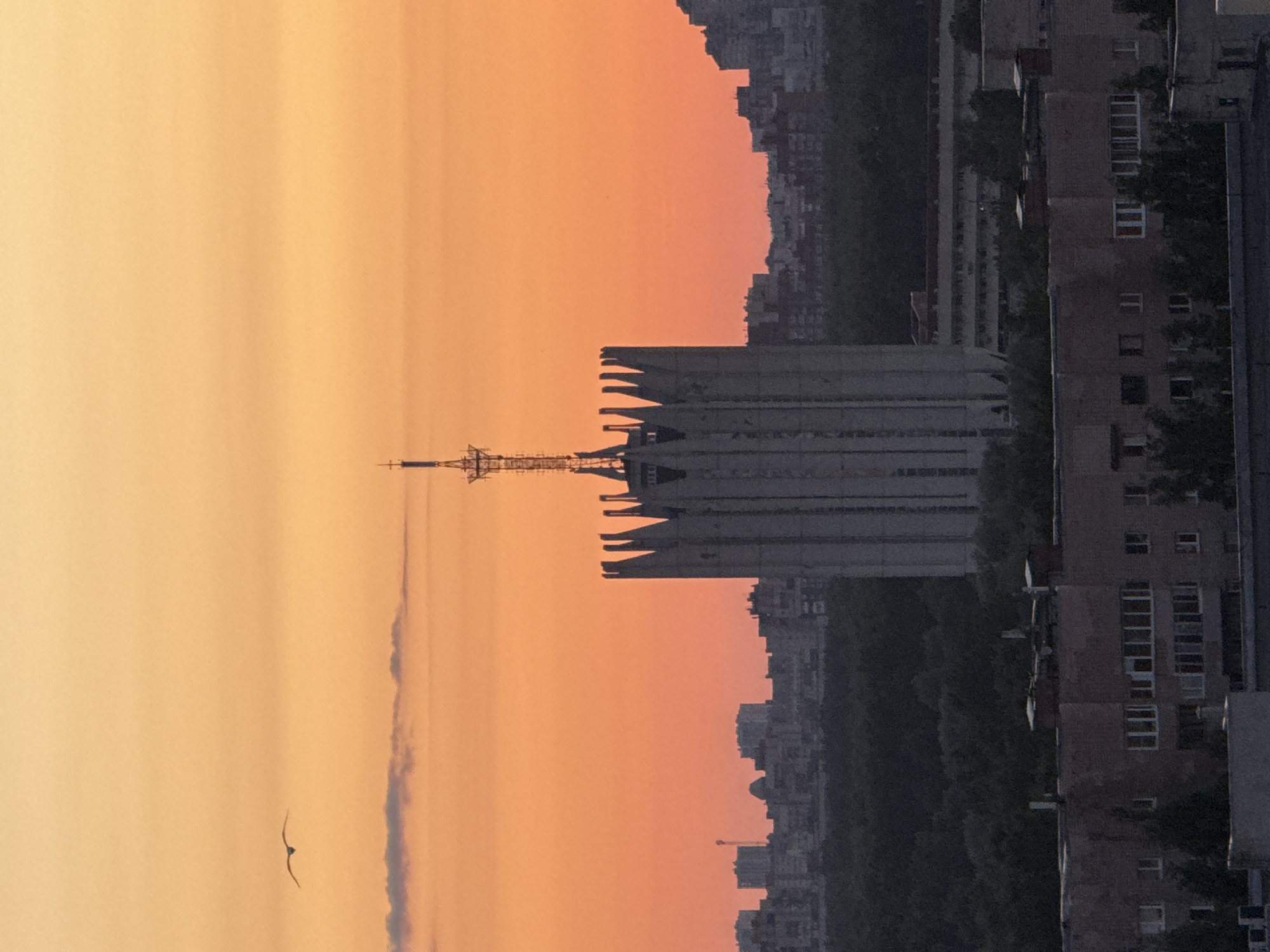 The image captures an urban landscape at dawn or dusk, with the sky displaying a prominent gradient of warm hues, transitioning from a pale orange-yellow at the top to a deeper orange-red towards the horizon. A single bird, silhouetted, is in flight in the upper left quadrant.
The central and most prominent structure is the Main Building of the Russian Academy of Sciences (RAS), located in Moscow, Russia. This large, concrete building exhibits a brutalist architectural style, characterized by a series of tall, fin-like structures surrounding its upper floors. A metallic communications tower, equipped with multiple antenna arrays, is affixed to the building's roof.
Below the horizon, a dense, dark band of foliage or trees stretches across the midground. In the immediate foreground, several multi-story buildings with flat roofs and visible window patterns are present, appearing in partial shadow. A sprawling cityscape, composed of numerous residential or commercial structures, forms a dark silhouette against the vibrant sky in the background. No individuals are discernible within the scene.
