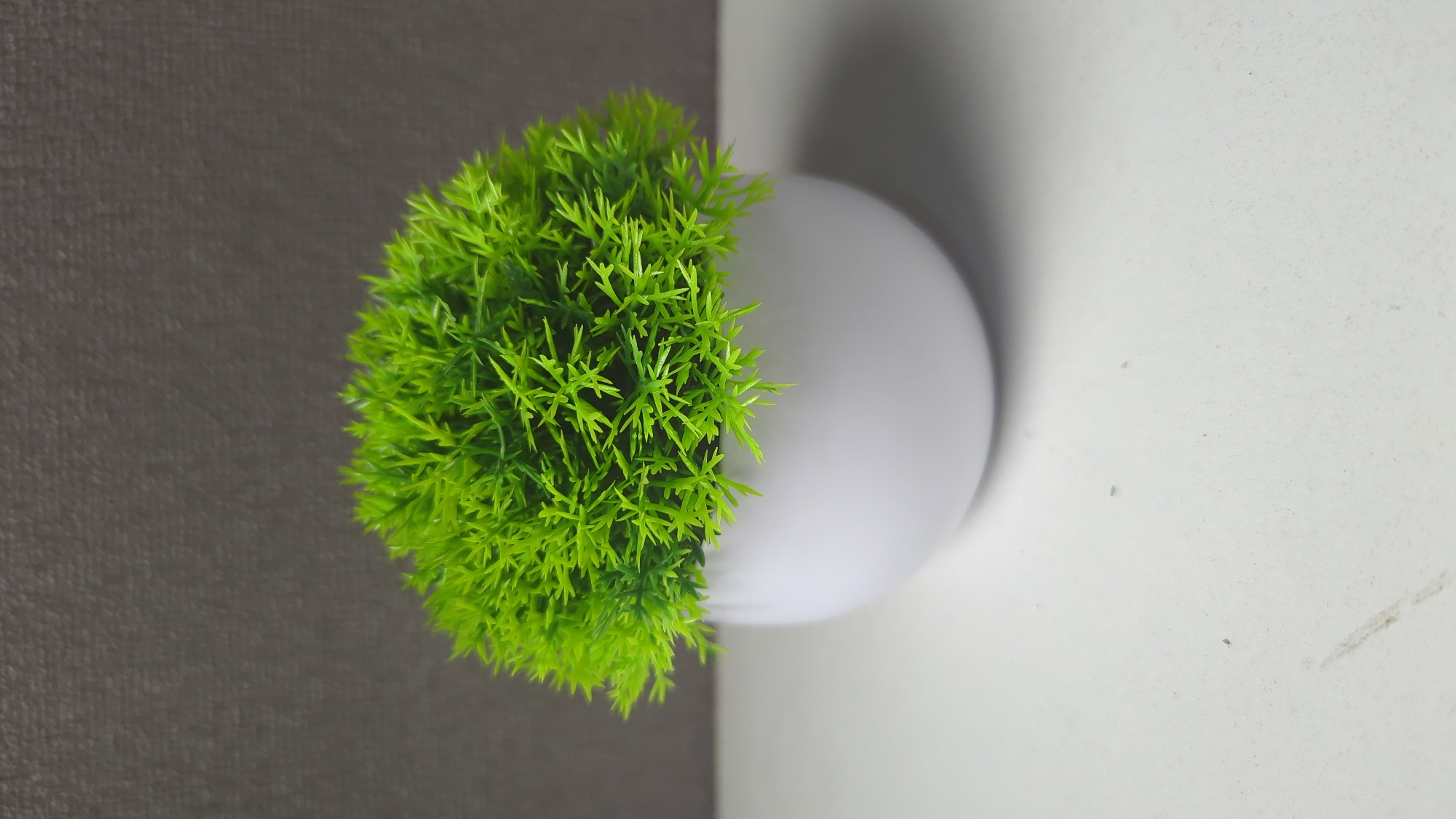 A small, spherical, artificial green plant sits in a white ceramic pot on a white surface. The pot is centered in the frame, with the plant taking up the top half of the image. The background is a textured dark gray wall. The surface beneath the pot is white and appears to be a table or shelf, with some faint smudges and two small, dark specks visible. The lighting is soft and casts a subtle shadow from the pot onto the surface. There are no people or animals visible in the image. There is no information to indicate the location is in Penjor, Indonesia.