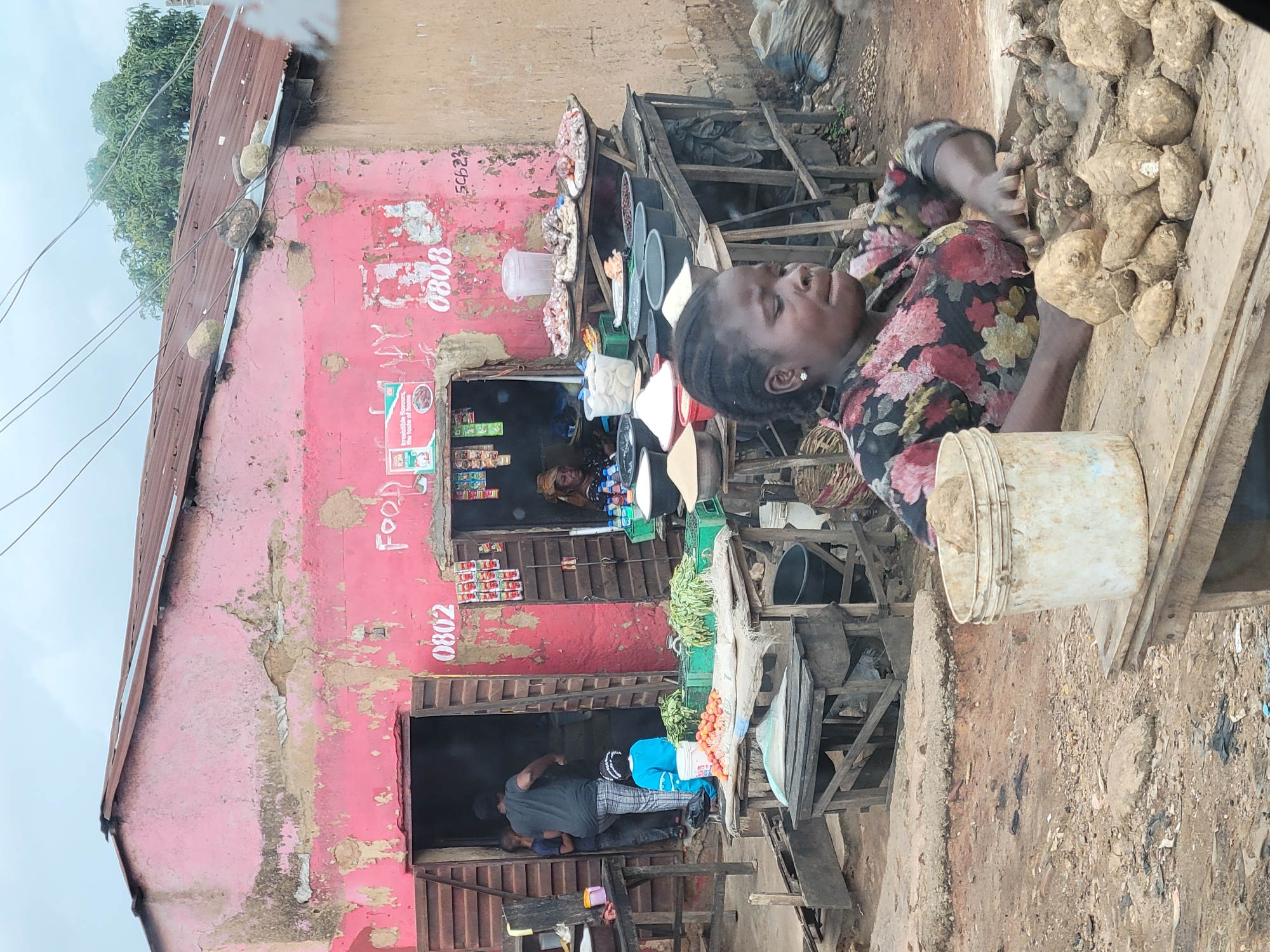 This image captures a street market scene in Jos, Nigeria. A woman with dark, braided hair, wearing a floral-patterned shirt, is actively engaged in her work. She is positioned in front of a wooden table laden with root vegetables, appearing to be sorting or arranging them. To her left, a large, weathered white bucket is visible, also on a wooden surface. Behind her, a market stall with a pink facade, showing signs of wear and peeling paint, is evident. The stall has two openings, one to the left and one to the right, with goods displayed inside and on shelves. The market appears to be set up outdoors with dirt ground and some debris. The overall impression is of a bustling, everyday commercial activity in a Nigerian urban environment.