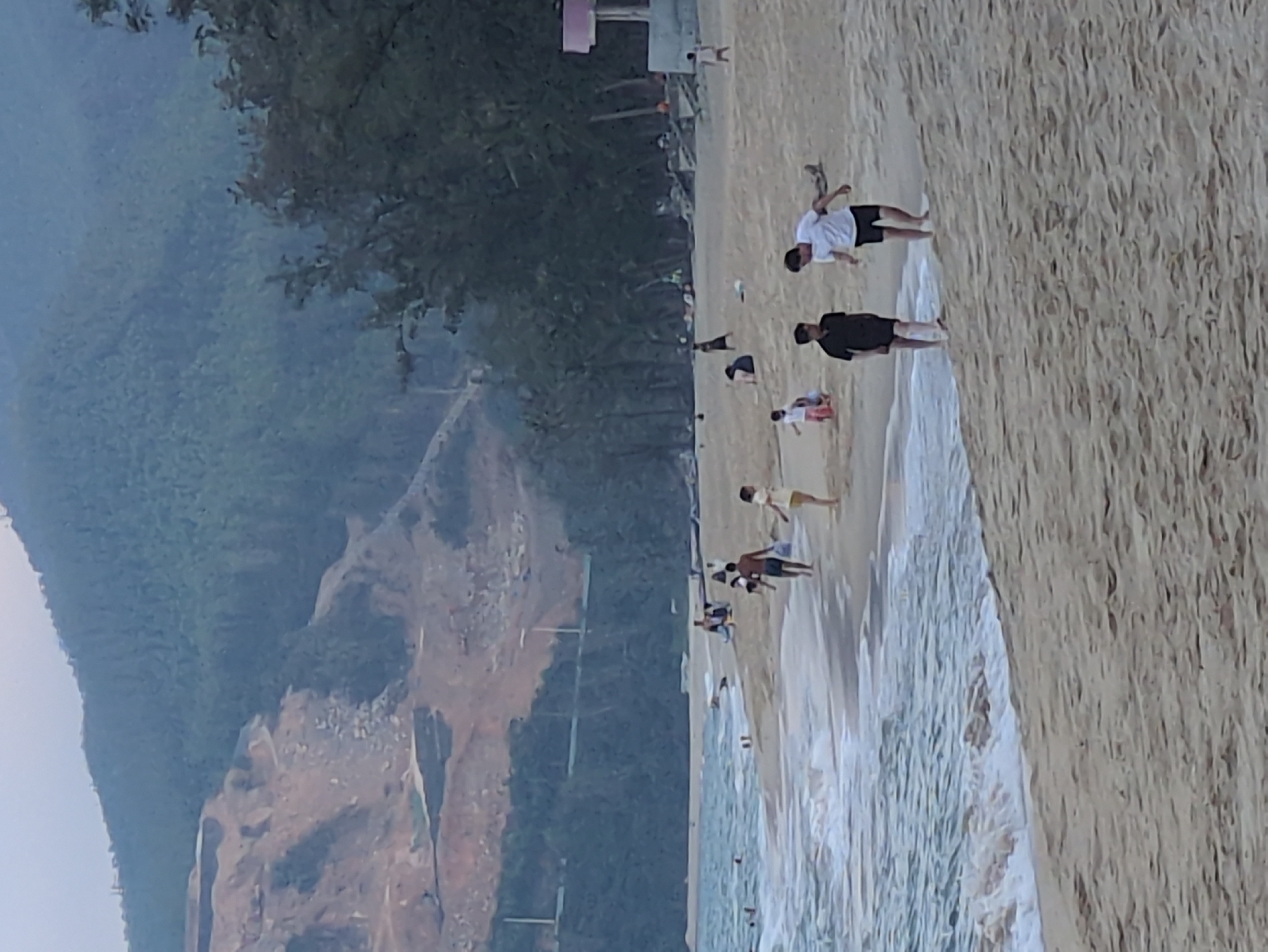 The image displays a beach scene located in South Quy Nhon Ward, Vietnam. The foreground consists of light brown sand leading into an ocean with breaking white waves. Approximately fifteen individuals are present on the beach and in the water. In the immediate foreground, two adult males walk barefoot on the sand; one wears a black t-shirt and dark shorts, the other a white t-shirt and dark shorts. Further back, near the waterline, an adult male in dark shorts carries a blue bag, positioned near a child in a light-colored dress. Other individuals are scattered across the sand, including a person seated, and several figures wading or swimming in the ocean. The mid-ground features a dense line of dark green trees bordering the beach. The background is dominated by a large mountain range. The upper slopes of the mountain are covered in dark green vegetation, while the lower and mid-slopes exhibit significant reddish-brown excavation and terracing. A road or path is visible along the base of the mountain, and a utility pole stands near it. A small structure with a pink roof is partially visible near the treeline on the right side of the image. The overall lighting suggests an overcast day or late afternoon.