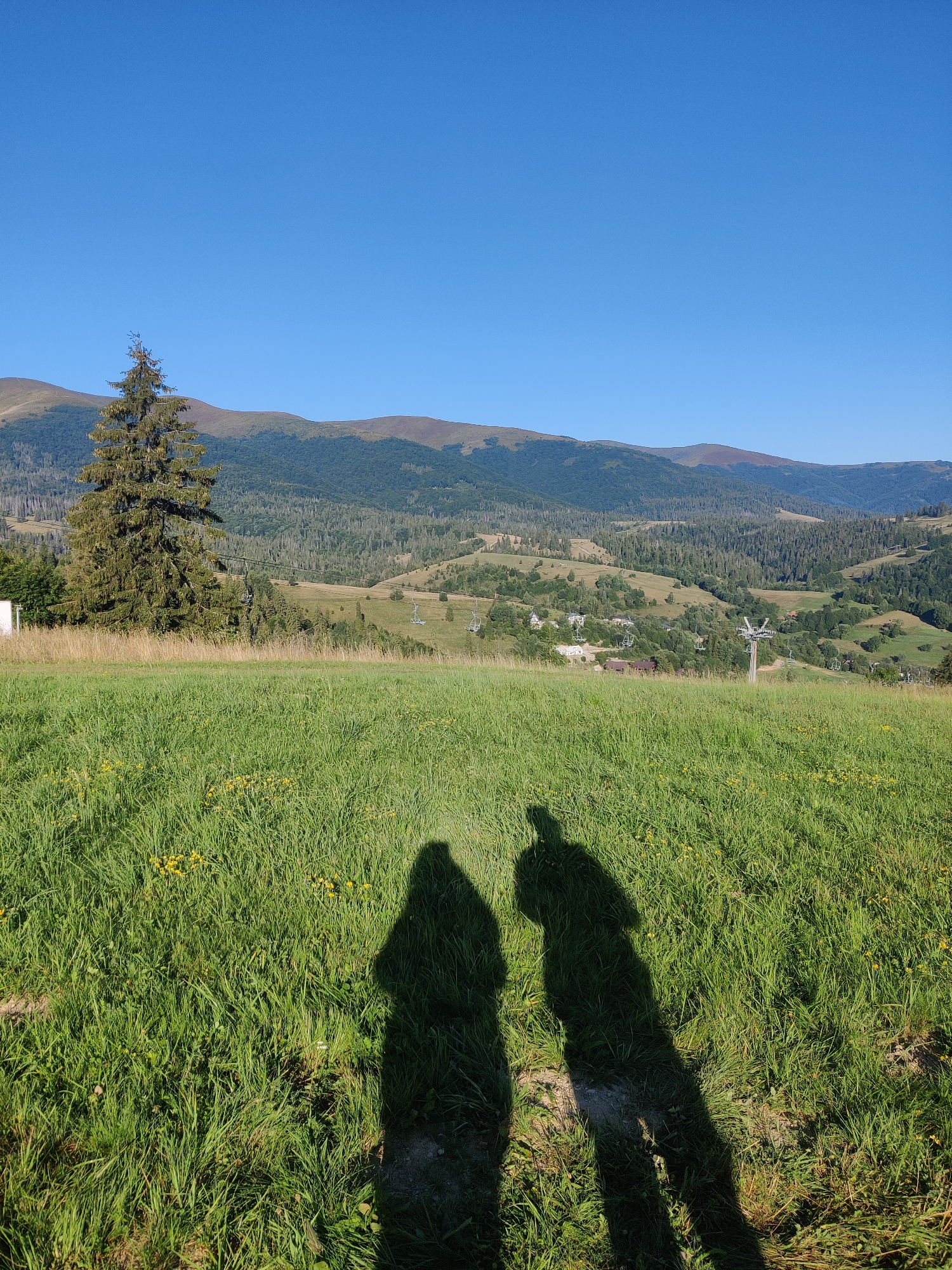 This is a landscape photograph taken on a clear, sunny day in Izky, Ukraine. The foreground is dominated by a lush, green grassy field dotted with small yellow flowers. In the middle ground, a large evergreen tree stands to the left, and further in the distance, rolling hills covered in forests and some scattered buildings are visible. A ski lift system is also present, with poles and chairs extending across the landscape. The sky is a vibrant, cloudless blue. Two distinct shadows of people are cast across the grass in the foreground, indicating the presence of individuals who are not directly visible in the frame. The overall scene depicts a serene, natural environment with elements of human activity.