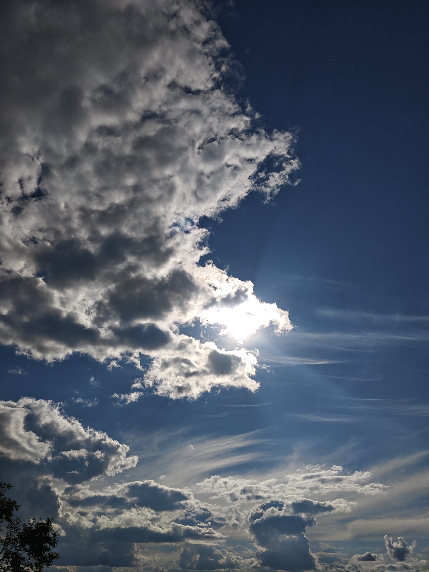The image captures a daytime sky in Уральское, Russia, filled with a variety of cloud formations. The sun is partially obscured by the clouds, emitting rays of light. The sky transitions from a deep blue in the upper right to a lighter, almost white, hue near the horizon. A tree is visible on the lower left.