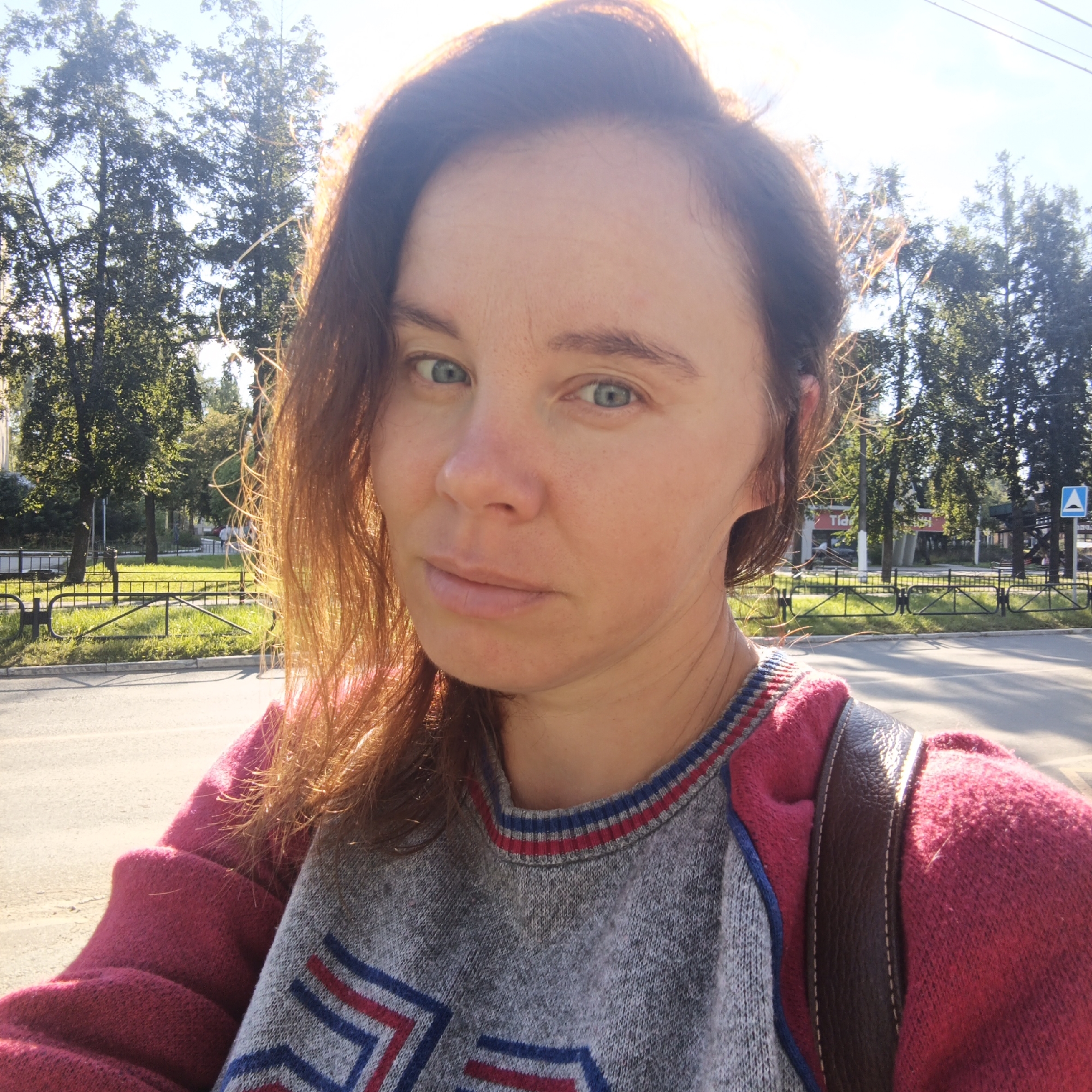 This is a selfie of a woman with brown hair and blue eyes taken outdoors. She is wearing a grey sweater with red and blue accents and a pink jacket. The background shows trees, a street, a sidewalk with a black metal fence, and a blue speed bump sign. The lighting suggests it is daytime. Based on the presence of a speed bump sign with Russian text, and the style of the surrounding architecture and vegetation, the location is likely Chaikovsky, Russia.