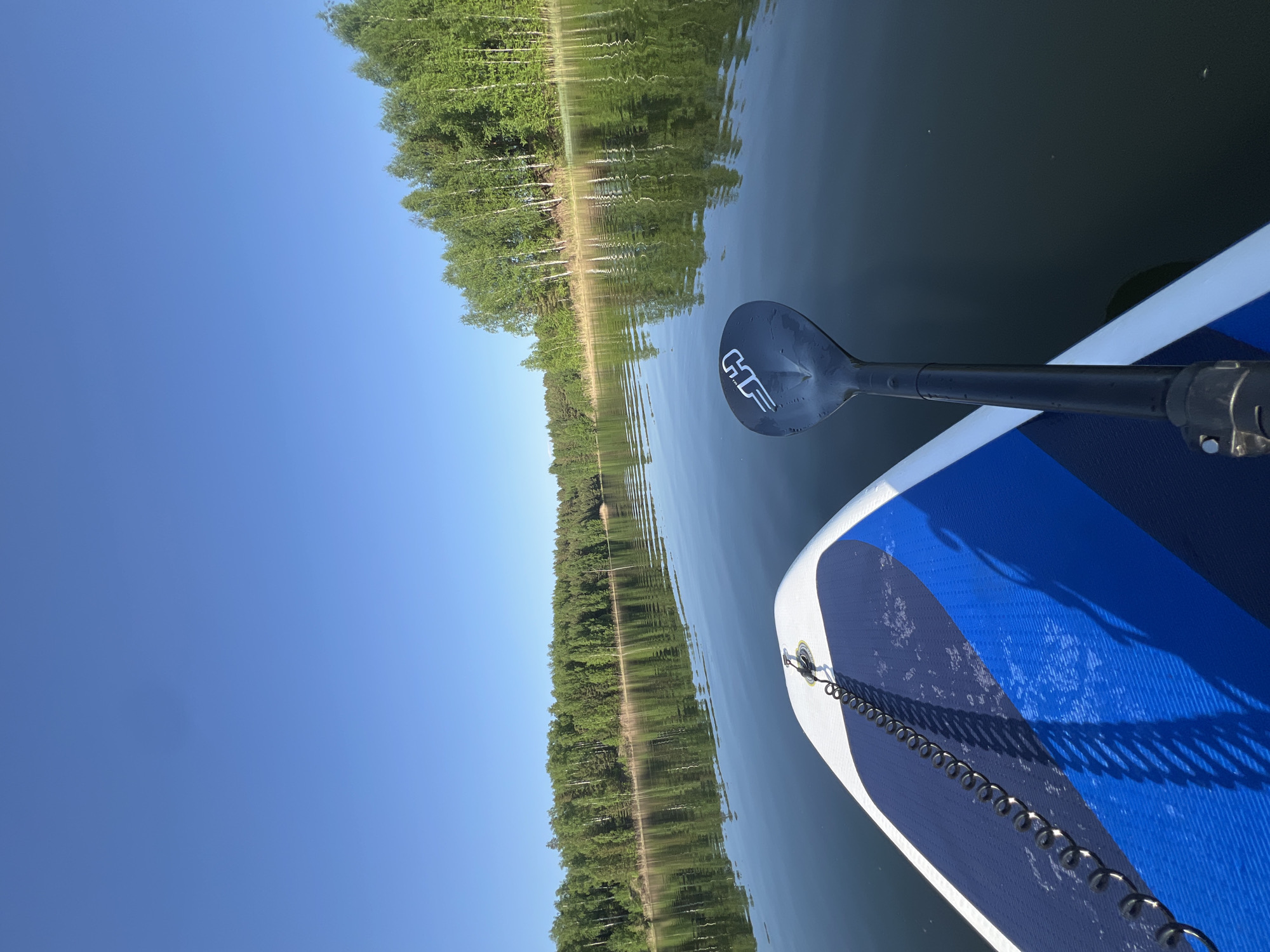 The image depicts a scene from a body of water, likely a lake or river, in Novyi, Russia. A person is present, though only partially visible, using a blue and white stand-up paddleboard and paddle. The paddle has a black blade with white markings. The environment consists of a clear blue sky and a treeline along the water's edge, with the reflection of the trees visible on the water's surface.