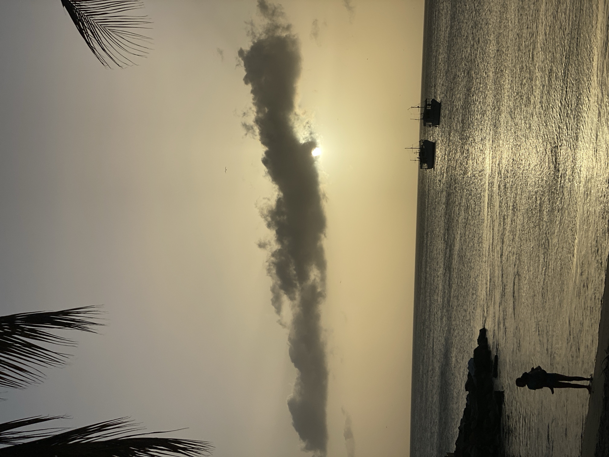 The image captures a scene at dusk in what appears to be Juan Griego, Venezuela. The sky is a yellowish-grey color, with a long, dark cloud obscuring the sun. Two ships are silhouetted on the water. On the shore in the foreground, a person is standing by some rocks, looking out at the sea. Palm fronds are visible in the top left and bottom left corners of the image.