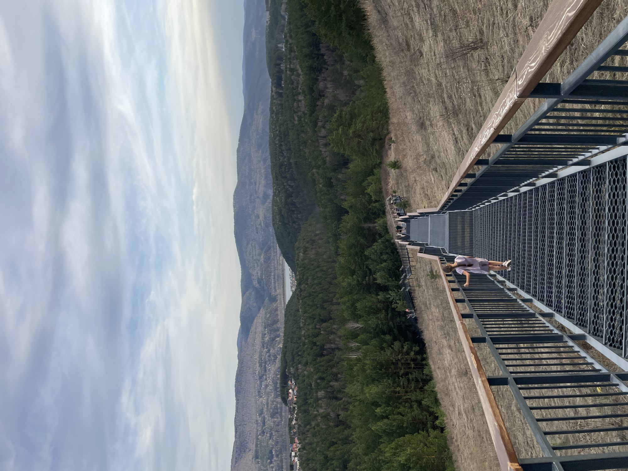 A high-angle, wide shot depicts a metal staircase descending towards a forest and distant mountains under a partly cloudy sky, located near Krasnoyarsk, Russia. A person wearing a light-colored dress and sneakers lies outstretched on the staircase. The staircase is surrounded by metal railings. The landscape includes a dense forest transitioning into open fields and distant, hazy mountains. A small settlement or village is visible at the base of the mountains. The sky is partly covered with light, streaky clouds.