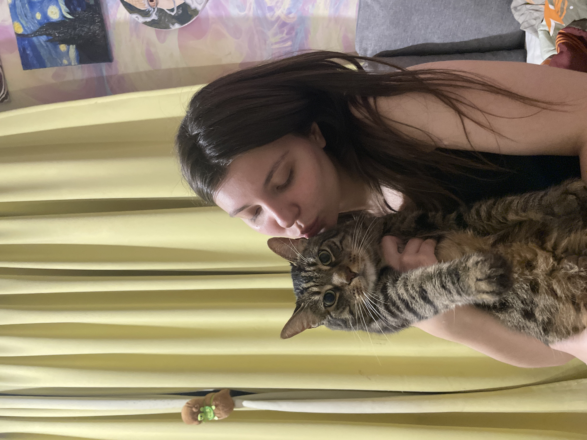 A young woman with long, dark brown hair is holding a tabby cat and kissing it on the cheek. The woman is wearing a black top and is positioned on the right side of the frame, looking to the left. The cat is held in her arms and is facing forward, looking at the camera with large, green eyes. The background consists of yellow curtains on the left and a wall with several framed pictures on the right, including a painting resembling Van Gogh's "Starry Night." A gray couch is visible in the lower right corner. The scene appears to be indoors, likely in a residential setting. The specific location of ЖК «Борисоглебское», Russia, is not discernible from the image itself, as no contextual clues such as street signs, landmarks, or identifying features of the apartment complex are present.