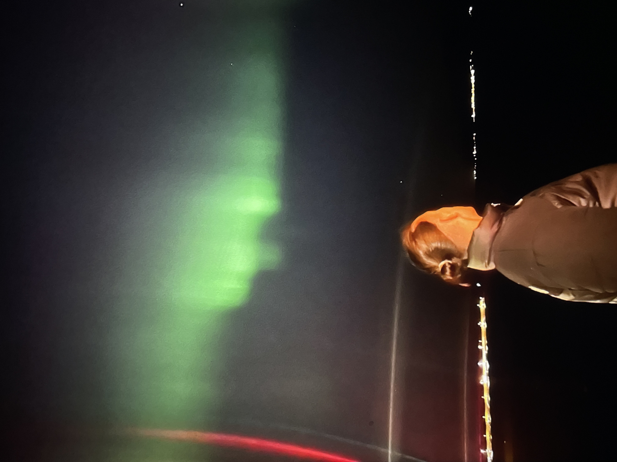 A green, indistinct face appears on a dark, possibly foggy background. To the right, a person with their head tilted downward is illuminated by a string of lights. The person is wearing a light-colored garment. There is a red light source at the bottom. The location is unknown.