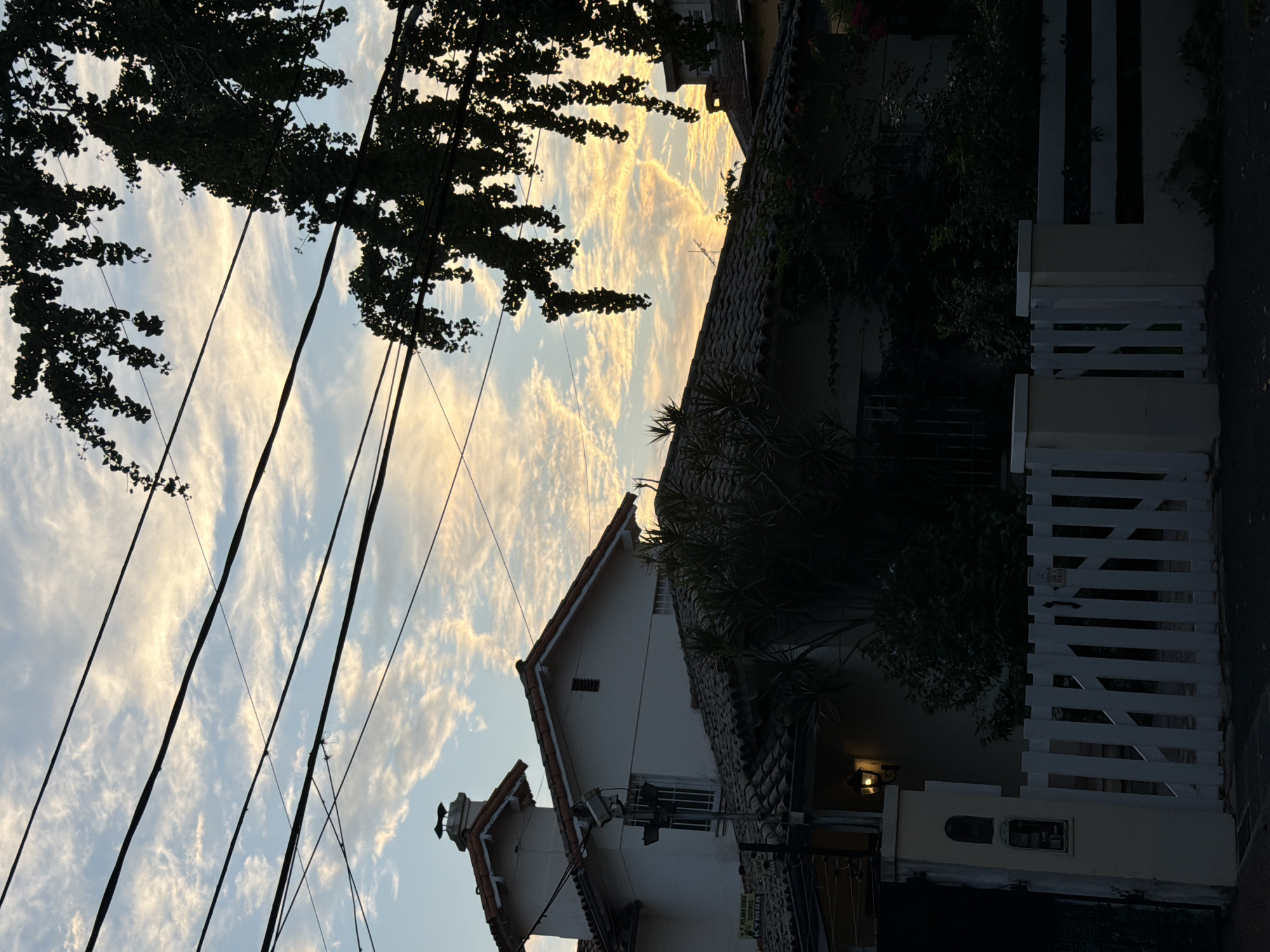 The image shows a street scene in Vicente López, Argentina, at dusk. The sky is filled with streaky clouds illuminated by the setting sun. A dark tree branch is silhouetted in the upper left corner. Power lines crisscross the sky. A house with a tiled roof and a small turret is partially visible. A white picket fence stands along the right side of the image.