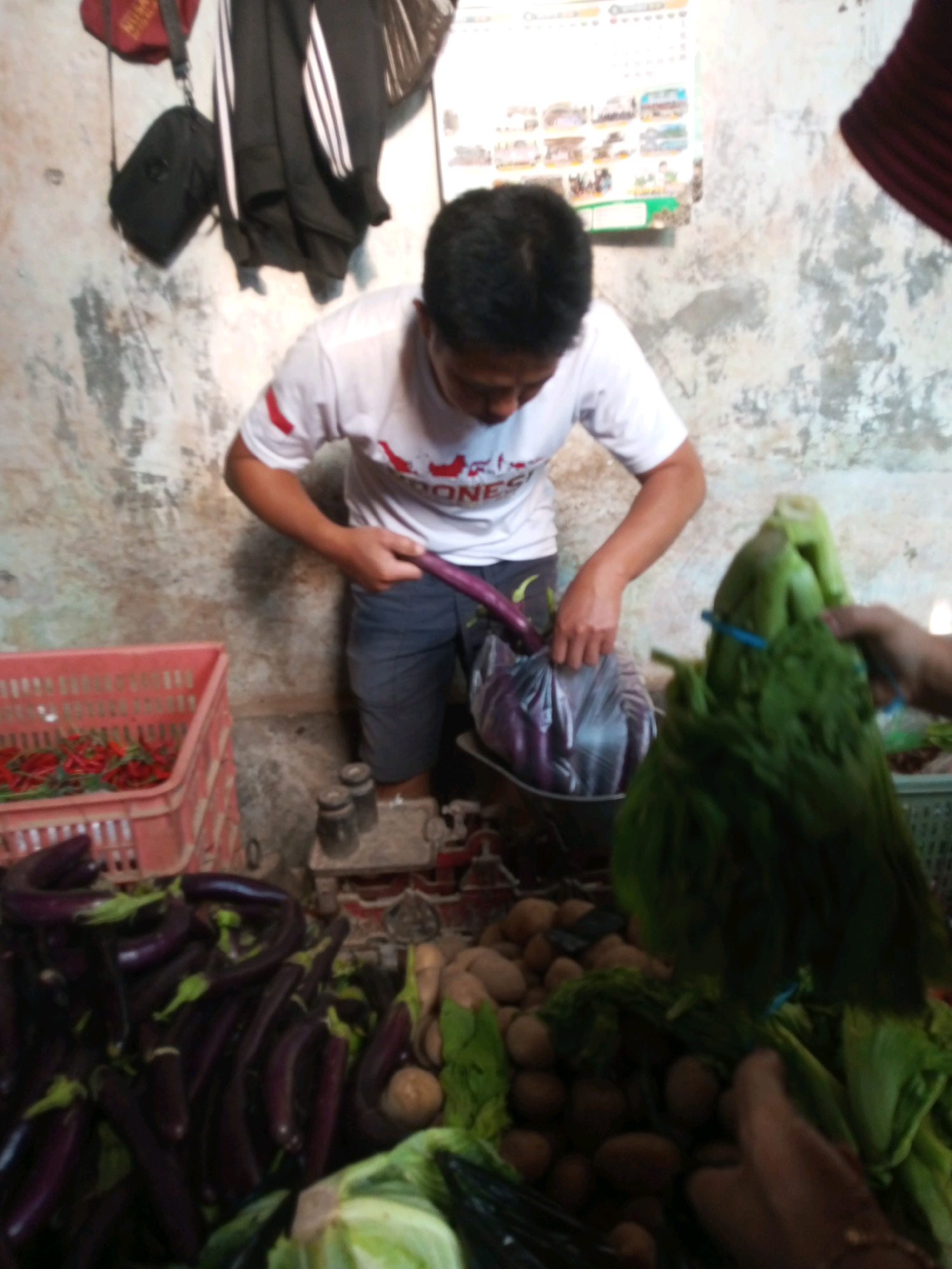 The image captures a scene at a market in Kalibeber, Indonesia. A man wearing a white t-shirt with red accents and grey shorts is in the process of selecting or packaging eggplants. He is holding one eggplant and appears to be placing it into a plastic bag. To his left, a red crate overflows with red chilies, suggesting a vibrant produce display. In the background, various items are visible, including what appears to be clothing hanging on the wall, a small shelf with jars, and a calendar with images. The environment seems to be an indoor market stall with a textured, possibly concrete or plaster, wall. To the right of the man, a large bunch of green leafy vegetables is prominently featured, possibly being held or examined by another unseen individual whose hand is partially visible. The overall impression is a snapshot of a busy marketplace focused on fresh produce.