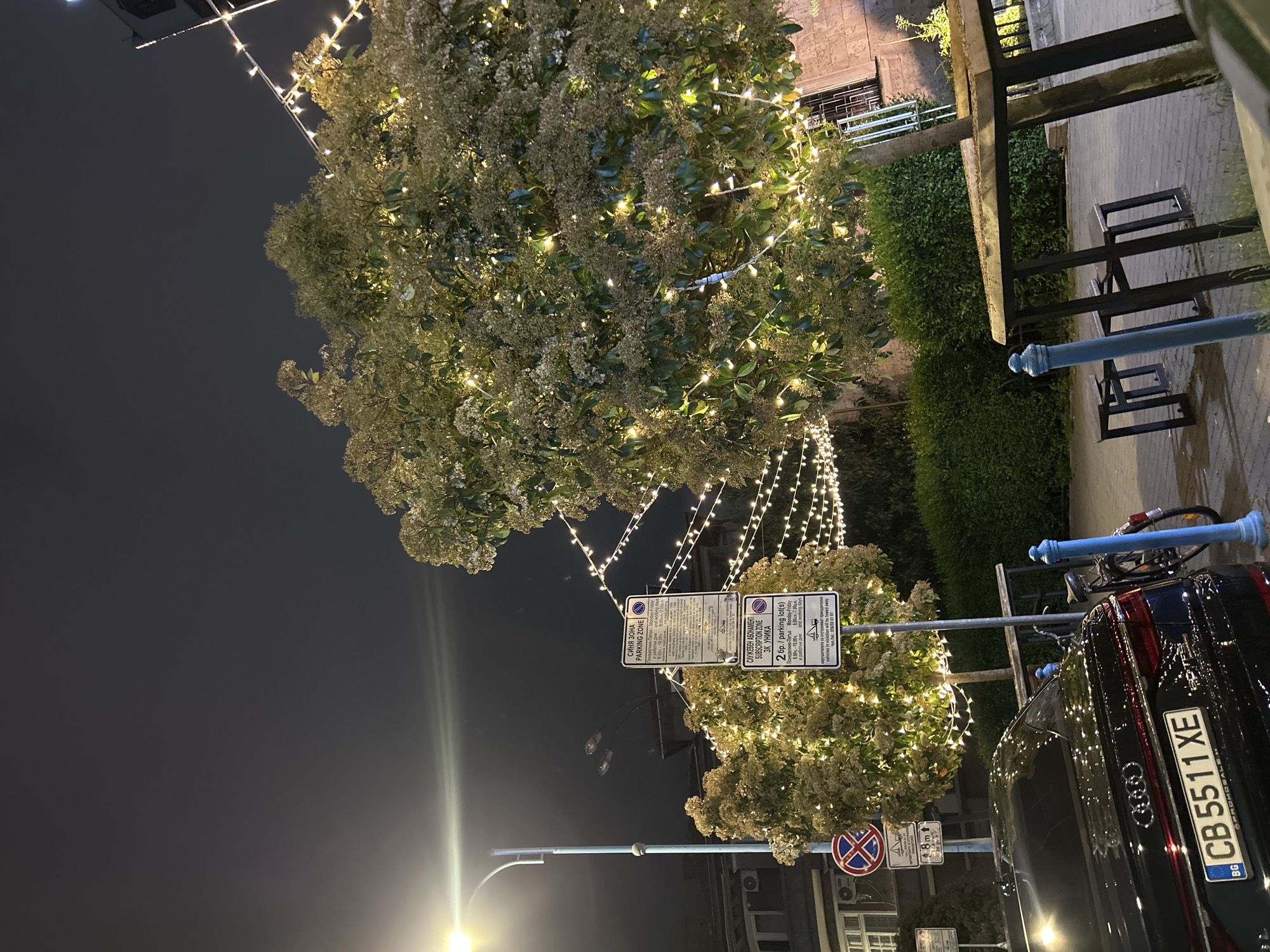 At night, the image shows a street scene with trees adorned with white string lights, indicating a festive or decorative atmosphere. A black Audi car is parked on the right side of the frame, its license plate reading "CB 5511 XE," and bearing the "BG" country code for Bulgaria. A bicycle is attached to a blue and silver pole next to the car. Street signs are visible, including parking zone and subscription zone information in Bulgarian. The parking zone sign indicates that the image could be in Burgas. Another sign shows the parking rate as 2.6 per parking lot. The street has a wet surface, possibly due to rain. A sidewalk and seating area are on the right side, and streetlights provide illumination. The overall setting suggests an urban environment in Bulgaria, specifically Burgas, at night.