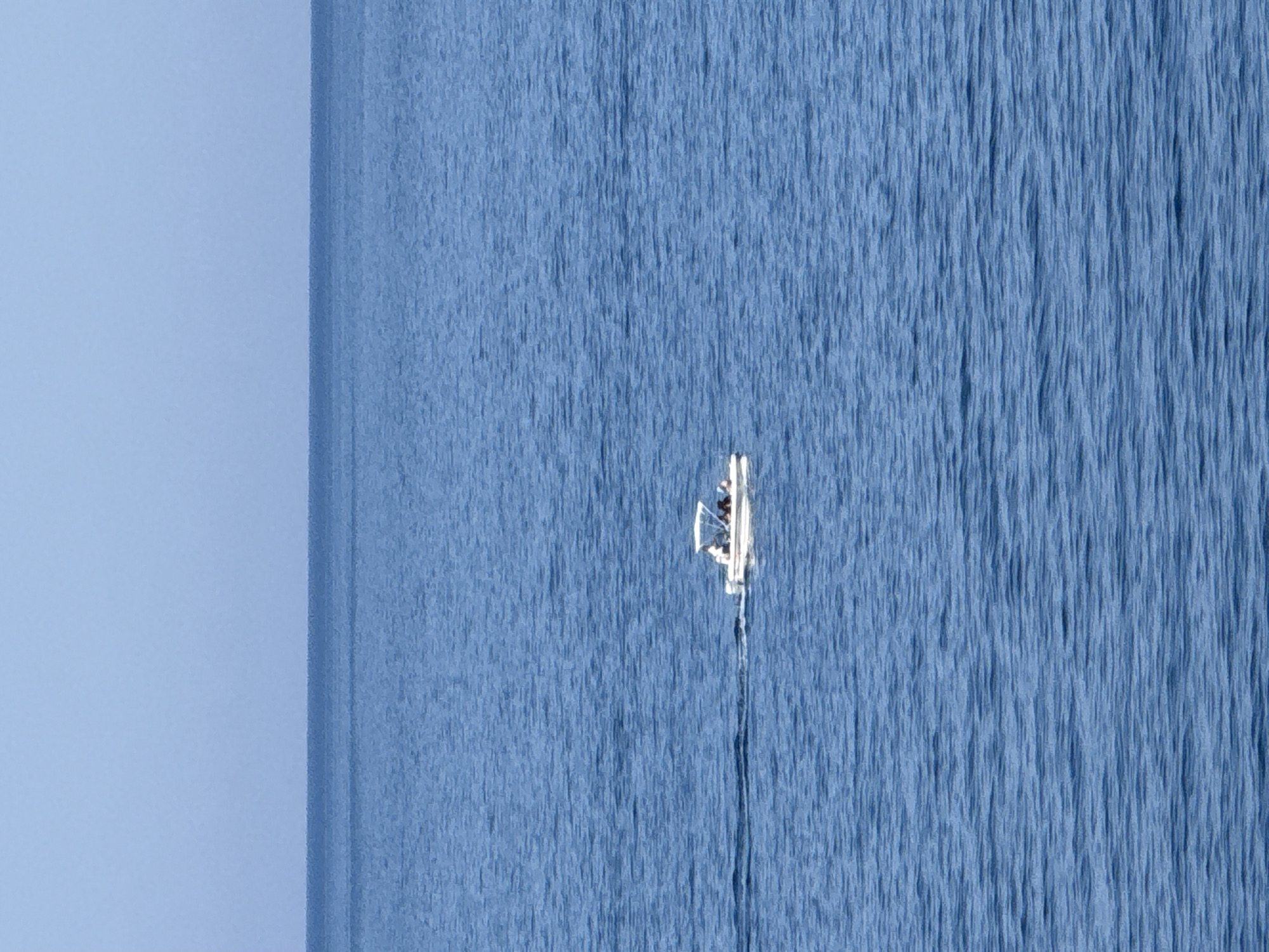 A small white motorboat with a canopy is sailing on calm blue water. The boat has several people on board. The horizon is visible in the distance, with a clear blue sky above. The scene appears to be a sunny day. The location is the sea near Sveti Stefan, Montenegro.