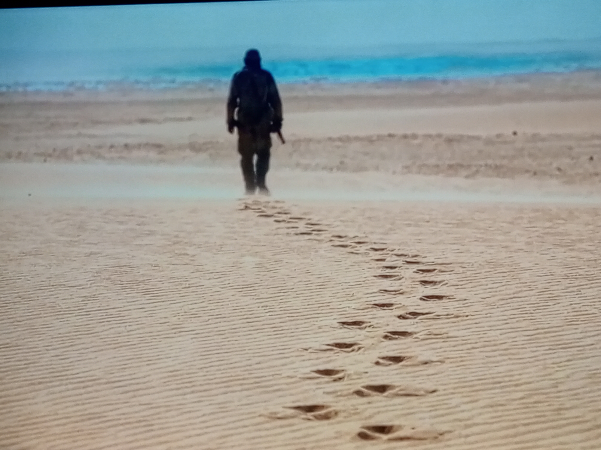 A lone figure walks away from the camera on a sand dune, leaving a trail of footprints behind. The person is wearing dark clothing and carrying a rifle. The background is a blurred expanse of sand and a pale blue sky, suggesting an arid or desert environment. The overall impression is one of solitude and a journey through an empty landscape.