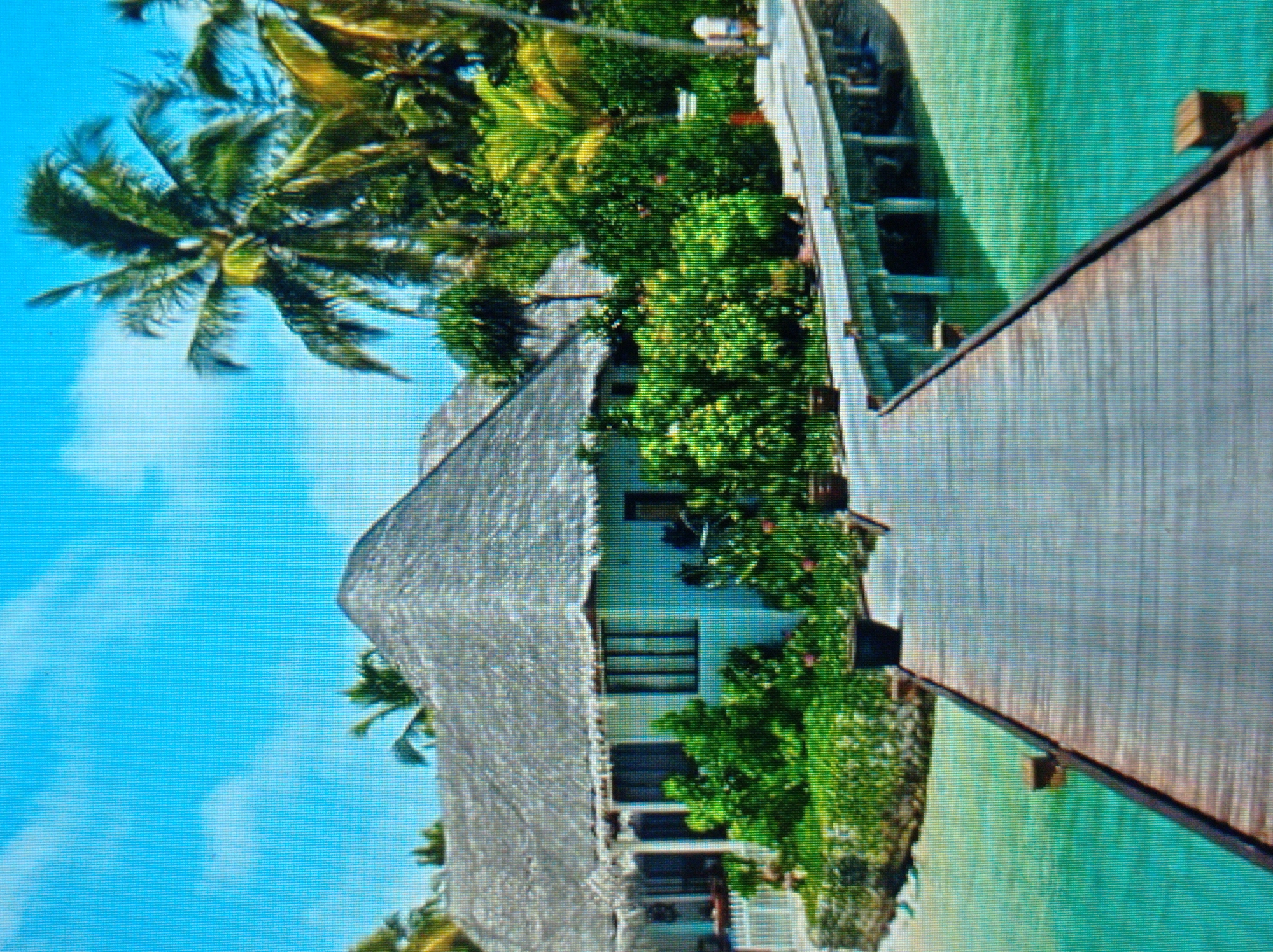 The image depicts a tropical resort scene with a thatched-roof building and a wooden pier extending into turquoise water. Lush green vegetation, including palm trees, surrounds the building. The sky is bright blue with scattered clouds. In the background, a person is walking on the pier. The scene evokes a sense of tranquility and vacation.
This image does not depict the city of Mukachevo, Ukraine. Mukachevo is a landlocked city with a temperate climate and is not known for tropical landscapes or overwater bungalows.