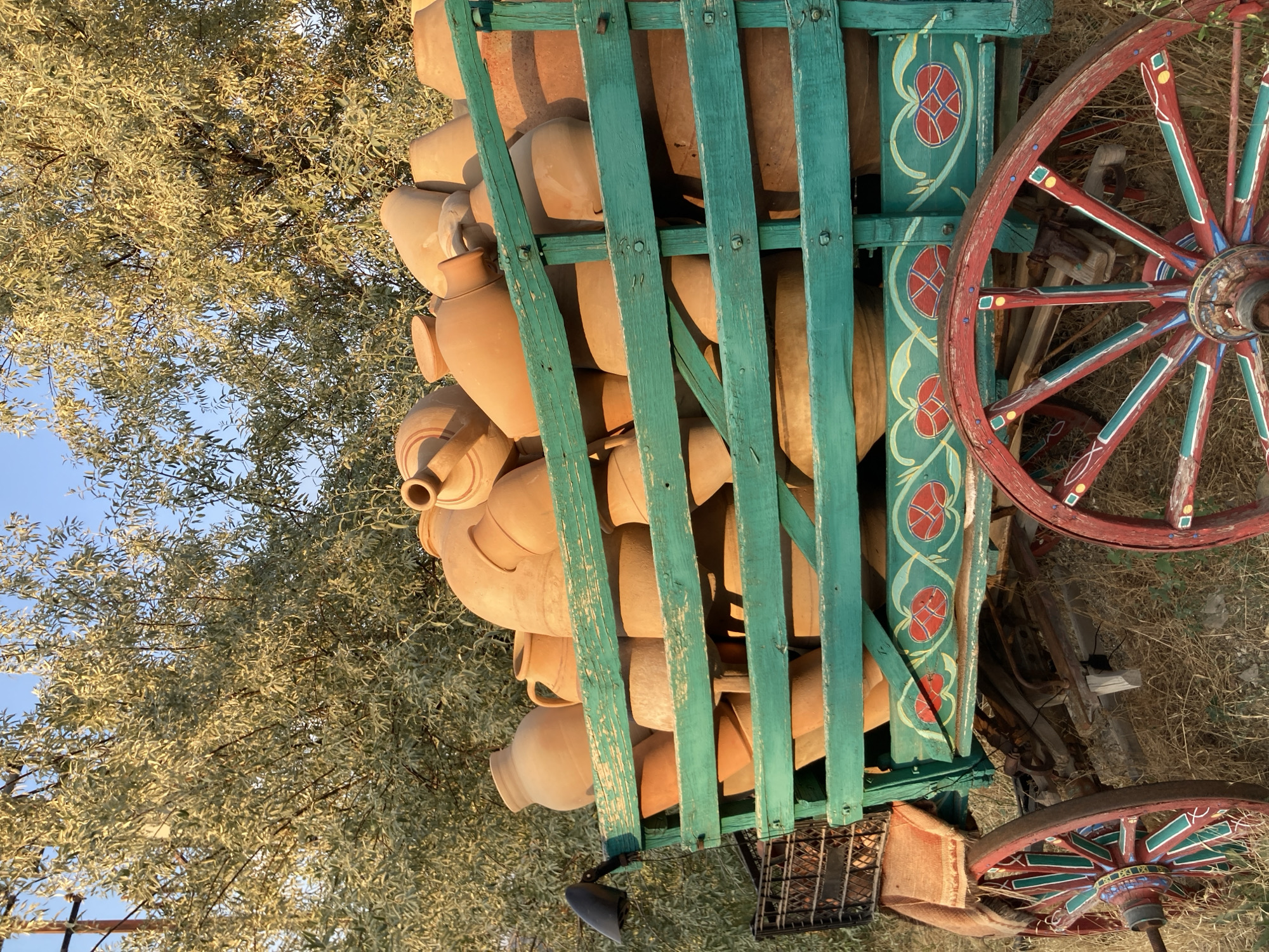 An outdoor, low-angle, medium shot captures a wooden cart filled with terracotta pottery. The cart is painted teal green with decorative red and green floral patterns. Its wheels are red with green and yellow accents. The cart is situated in a dry, grassy area, with trees and a clear blue sky visible in the background. The pottery includes various sizes of jugs, jars, and bowls, all made of earthenware and stacked within the cart. A black plastic crate is attached to the left side of the cart, and a small black object, possibly a lamp, is mounted on a pole extending from the cart. The lighting suggests it is late afternoon, casting warm light on the scene. This image appears to be taken in Avanos İlçe Merkezi, Turkey, a region known for its pottery craftsmanship.
