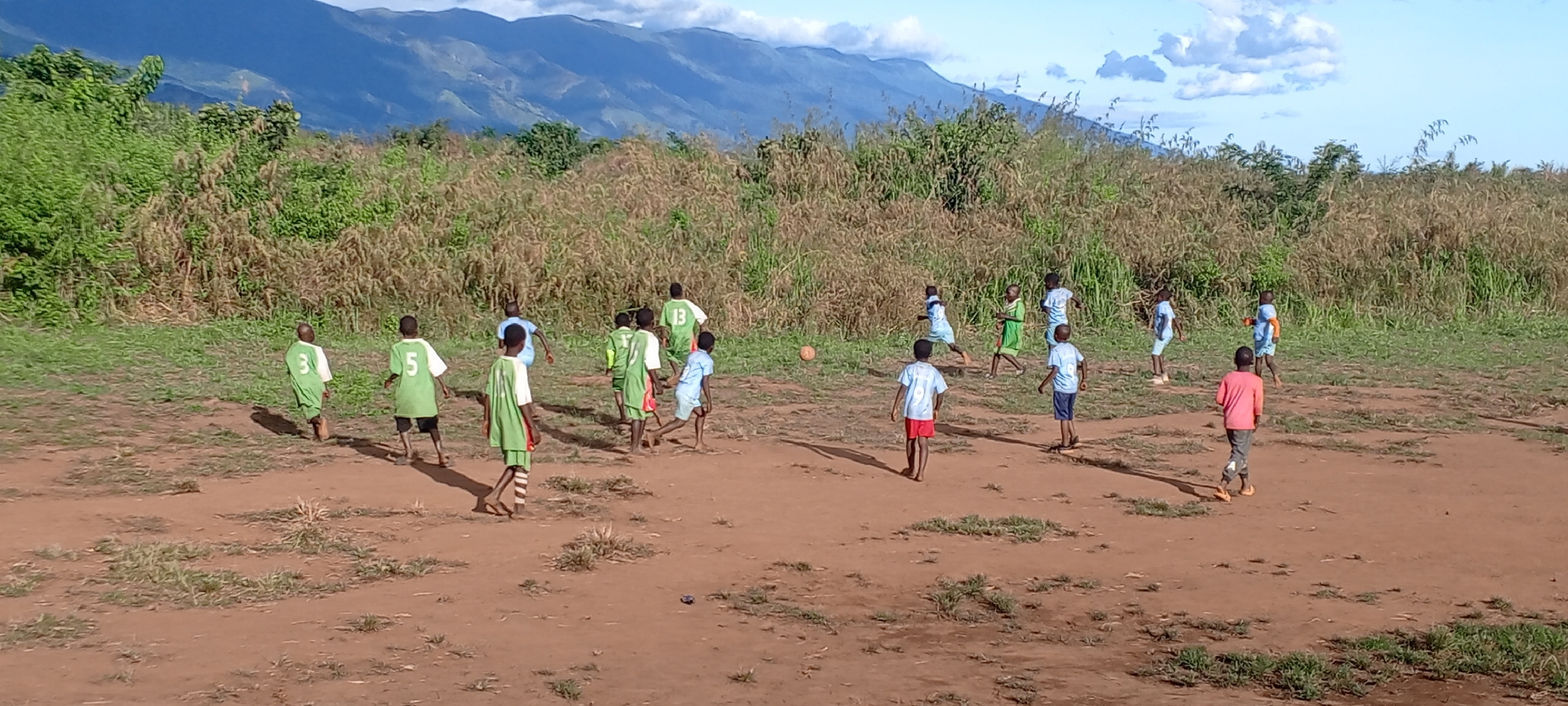 A wide shot captures a group of approximately 15 children playing soccer on a rustic dirt field in Ngalula, Democratic Republic of the Congo. The field is composed of reddish-brown earth with sparse patches of green grass. Tall, dense scrub brush and dry grasses form the perimeter of the playing area, with majestic, hazy mountains rising in the background under a partly cloudy blue sky.
The children, mostly boys, are barefoot and actively engaged in the game. They are dressed in a mix of light green and light blue soccer jerseys, some with visible numbers: "3", "5", and "13" on the green jerseys, and "9", "10", and "11" on the blue jerseys. One child wears a pink/red shirt and dark pants. An orange/brown soccer ball is visible on the ground, indicating the focal point of their play. The sun is bright, casting distinct shadows of the children on the dusty ground, suggesting it is mid to late afternoon. The scene conveys a sense of vibrant activity and communal play in a natural, open environment.