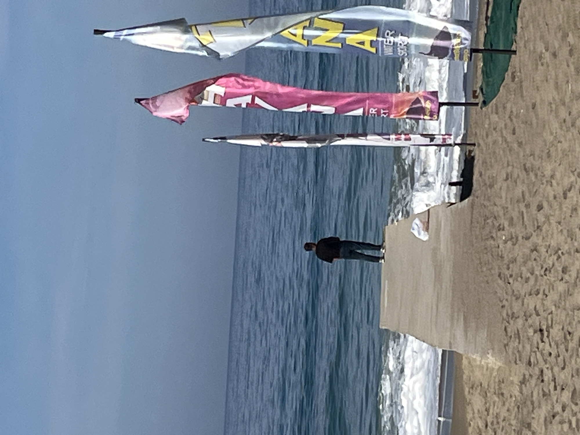 The image depicts a coastal scene. A person is standing on a concrete pier or walkway, looking out towards the ocean. To the left is the blue ocean, and to the right is a sandy beach. Several banners are displayed near the pier, and they are fluttering in the wind. The location is Alanya, Turkey.