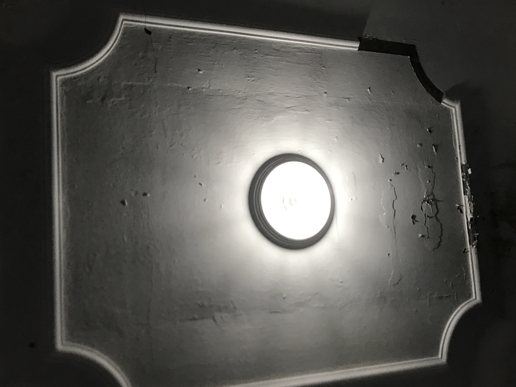 The image presents an overhead view of a ceiling, dominated by a centrally placed, circular light fixture. This light emanates a bright white glow, creating a distinct halo effect against the surrounding surface. The ceiling features a large, rectangular decorative panel with ornate, curved corners and a prominent double-line border.
The surface of the ceiling within this decorative panel shows significant signs of wear and age. Visible details include areas of peeling paint, numerous cracks, and an uneven, textured finish. These imperfections are particularly concentrated in the upper right section and along the right edge of the panel, suggesting possible water damage or extensive deterioration over time. The rest of the panel also exhibits minor blemishes and inconsistencies in its texture. The overall color palette is grayscale, emphasizing the stark contrast between the luminous central light and the darker, shadowed areas, especially outside the decorative panel.
No people are present, and no specific activity or event is depicted. The scene is static, focusing entirely on the architectural element and its current condition. The artificial light source provides the sole illumination, making it impossible to determine the time of day. While the location context is Lhokseumawe, Indonesia, there are no specific visual cues within the image itself to indicate this geographic location. There is no visible text. The image conveys a sense of age and possibly neglect due to the visible damage and wear.
