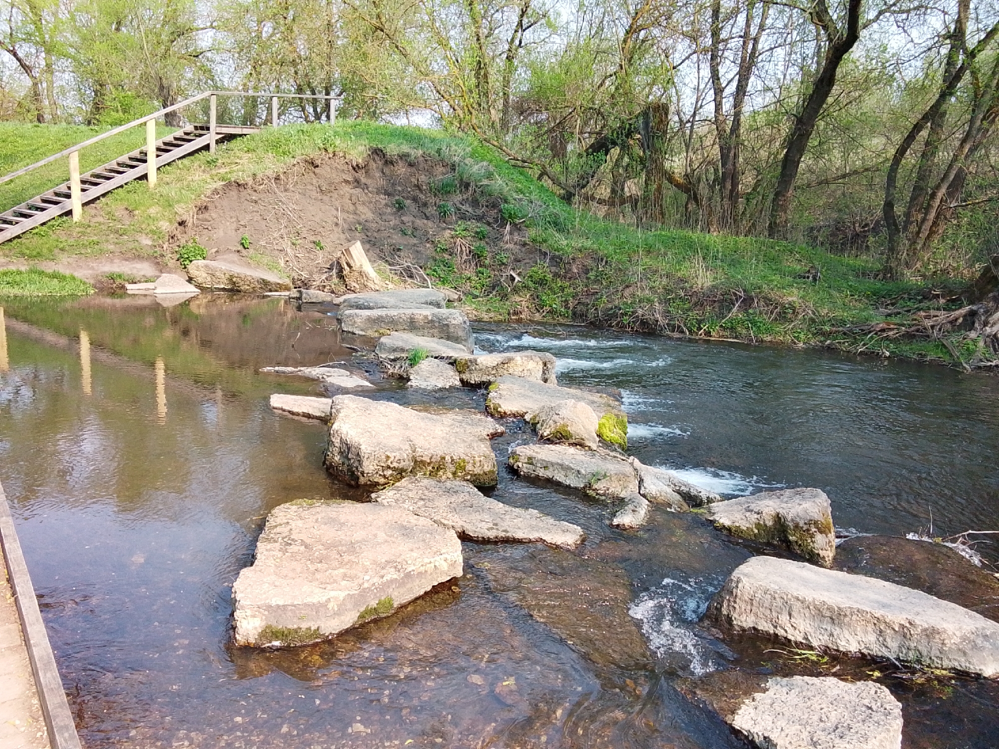 The image depicts a stream crossing in a wooded area in Каменка, Russia. The stream is crossed by a series of large, irregularly shaped stepping stones. The water is clear and shallow, flowing around the stones. On the left bank of the stream, there is a grassy hill with a set of wooden stairs leading up to the top. The stairs have wooden railings. The hill has some exposed dirt beneath the grass. On the right bank, the land slopes down to the stream and is covered with grass and trees. The trees are mostly bare, with some beginning to show new growth. The overall environment is natural and peaceful.