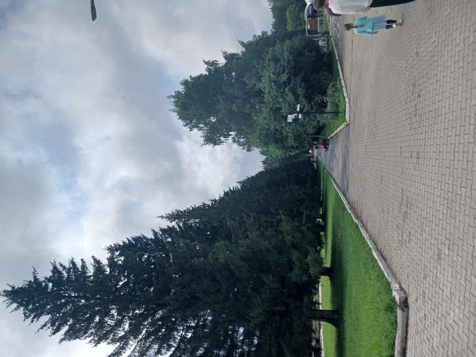 The image depicts a paved pathway winding through a park-like setting with mature coniferous and deciduous trees. A young girl with braided blonde hair, wearing a light blue top and a light blue skirt, walks away from the camera on the pathway. To her right, another person, partially visible from the back, walks in the same direction. In the background, to the left, a line of tall spruce trees flanks a grassy area with benches. Further down the path, a few individuals are seated at tables. A signpost with directional arrows is visible amidst the foliage. The sky is overcast with heavy clouds. This scene is located in the Mayakovsky Central Park of Culture and Recreation in Yekaterinburg, Russia.