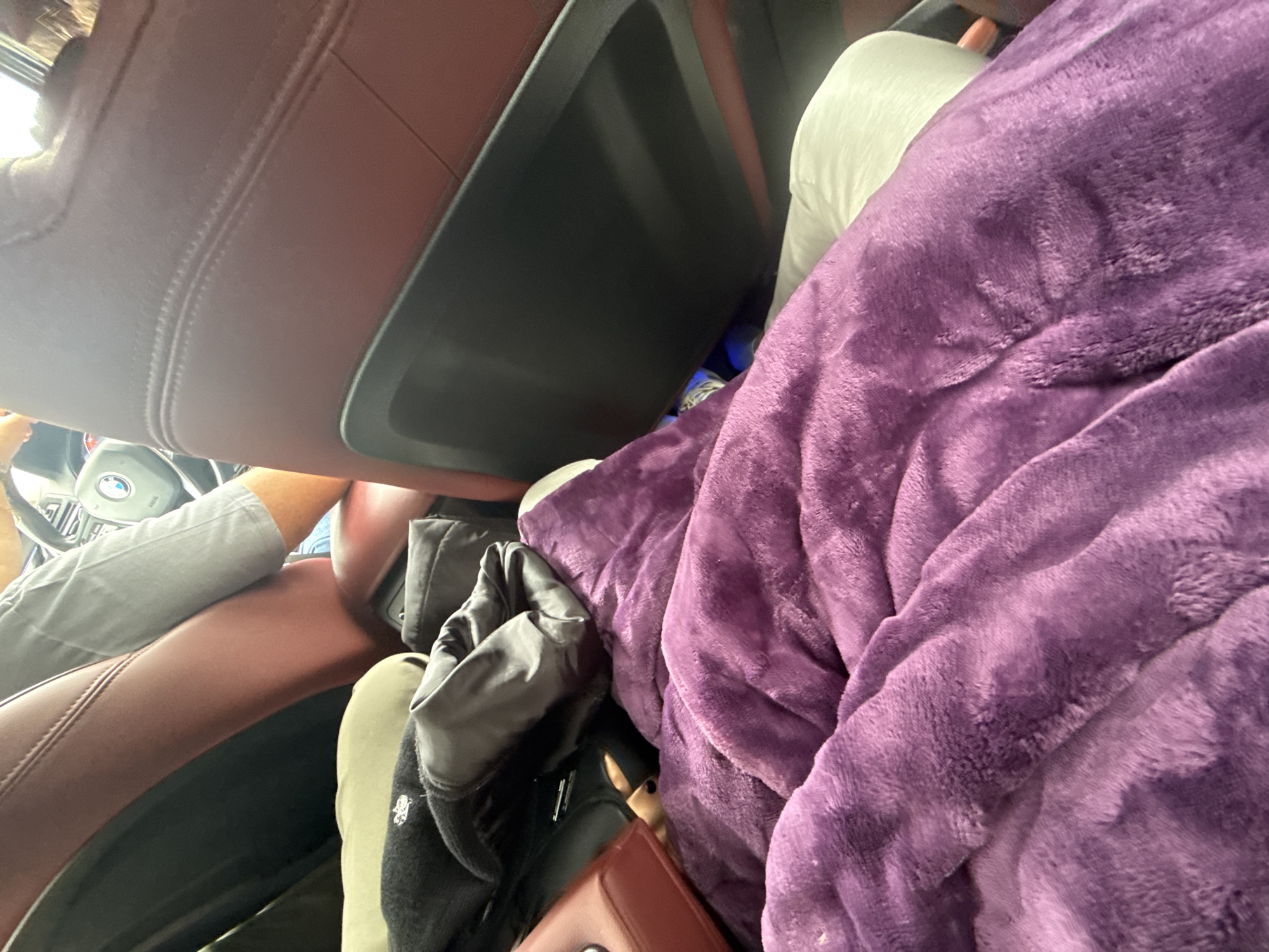 The image shows the interior of a car, likely in motion given the angle and the blurred glimpse of the driver's area with the BMW steering wheel visible. The interior features burgundy leather seats. A large purple blanket is draped over the passenger seat. A black jacket with a brown wallet or small purse is piled on top of a light green cushion. The location is unknown and cannot be determined from the image. The city of Zaragoza, Mexico cannot be determined.
