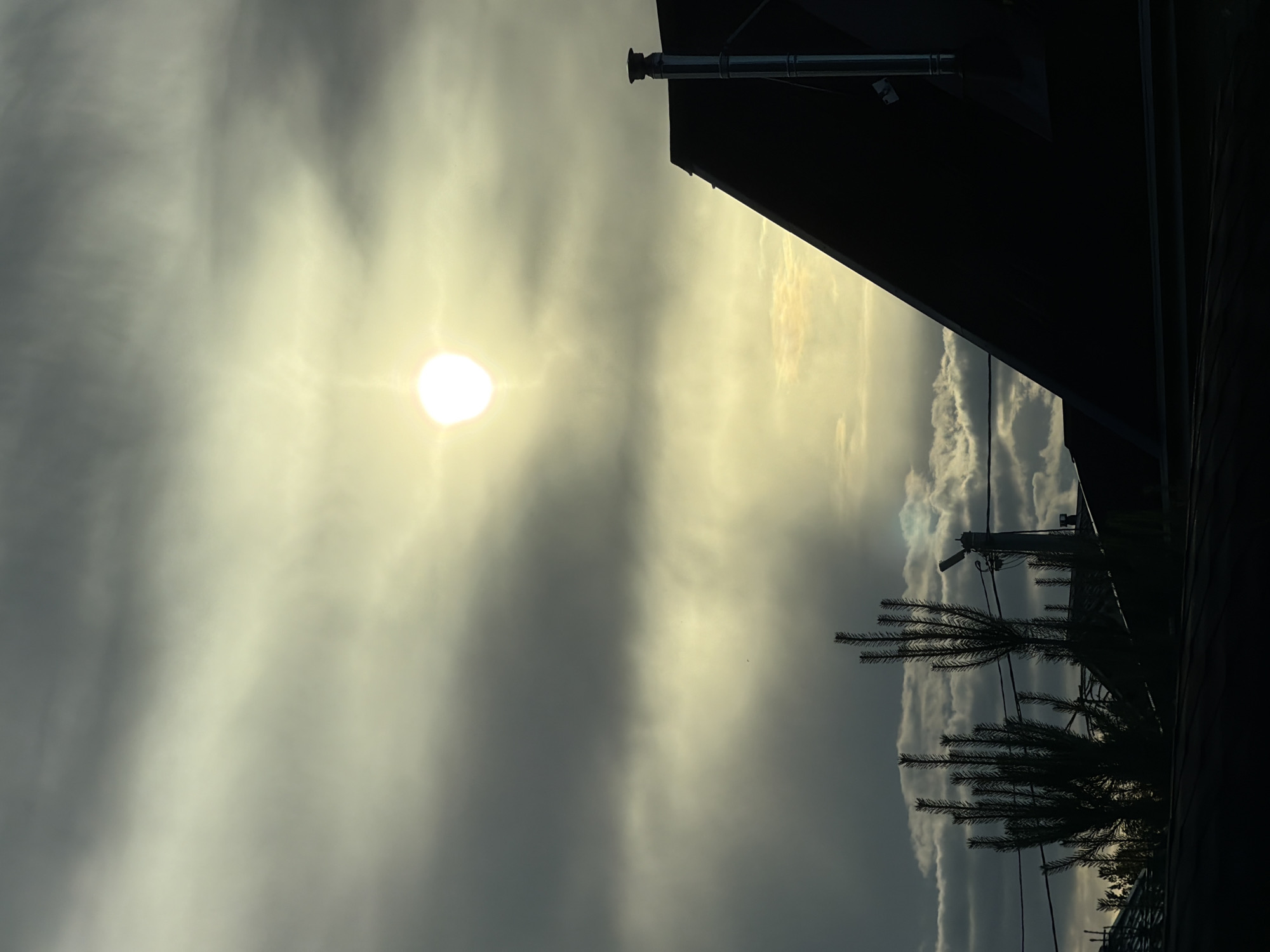 A view of the sky over Steklyannyi, Russia, features a bright, slightly blurred sun shining through heavy, gray clouds. The sun is a luminous white circle with a faint halo effect. Below the sky, the silhouettes of several rooftops and tall, thin evergreen trees are visible against the dim light. One prominent rooftop in the foreground has a dark, sloped surface and a silver chimney. To the left, the spiky branches of evergreen trees are clearly defined in silhouette. A utility pole with electrical wires and a street lamp is also visible in the mid-ground, silhouetted against the sky. The overall scene conveys a cloudy, possibly overcast day.
