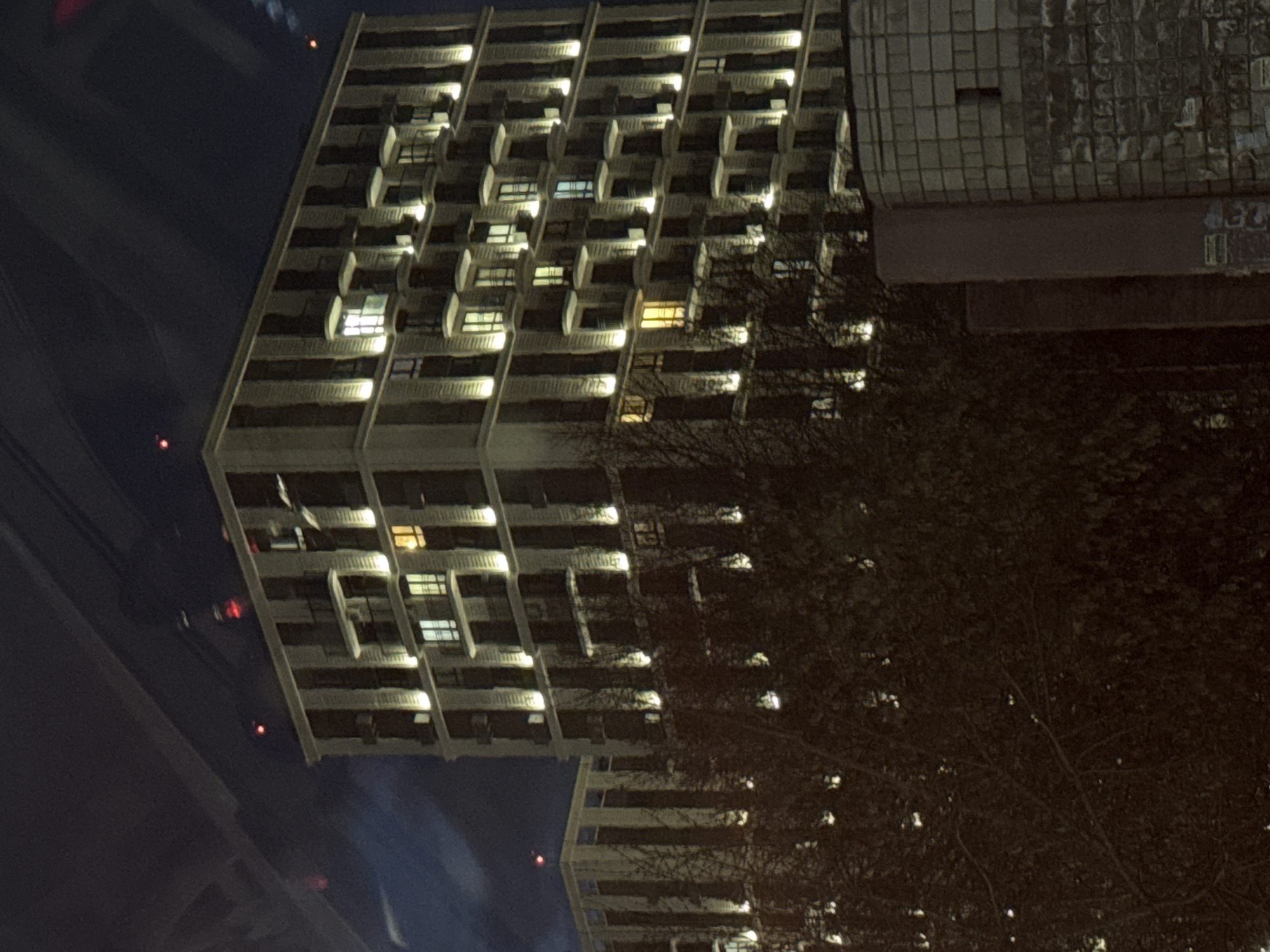 A nighttime shot shows a high-rise apartment building in Izhevsk, Russia, with its lit windows casting light onto the surrounding area. A bare tree fills the right side of the image, partially obscuring the building. Another building stands beside the main one. The lighting is dim, creating a stark contrast between the illuminated windows and the dark sky.