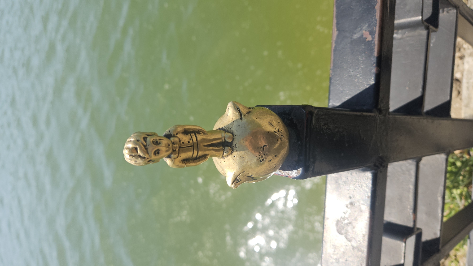A close-up shot, taken outdoors in daylight, shows a decorative golden railing ornament attached to a black iron railing. The ornament consists of a small figure of a person in a formal dress-like coat atop a feline, likely a cat, head. The railing is positioned with a body of water, presumably a lake or river, in the background. The water has a green hue due to algae or sediment. The photograph was taken at the Grigore Vieru Alley in the Park of the Cathedral in Chișinău, Moldova.