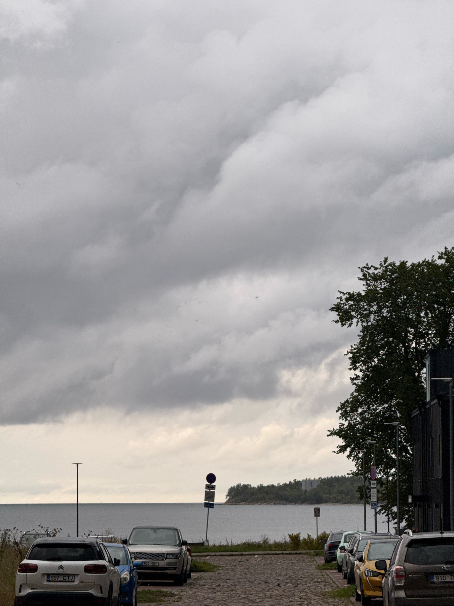 The image shows a cloudy sky over the Baltic Sea in Tallinn, Estonia. In the foreground, a cobblestone street is lined with parked cars. The cars are diverse, including a white Citroën C5 Aircross with license plate 997 DTJ, a blue car, a silver Range Rover with license plate 800 HRF, and other vehicles partially visible.
To the right, a dark-colored building with a modern facade is present, featuring large windows and a vertical element that appears to be a light fixture or architectural detail. A tall, leafy tree with dark green foliage extends into the frame from the right side, partially obscuring the building.
In the middle ground, there is a body of water, likely the Baltic Sea, with a distant tree-covered shoreline visible on the horizon. The shoreline features a notable building or structure on a rocky outcrop. Several lampposts are visible along the waterfront and between the parked cars. Traffic signs are also present, including a round sign with a red border and a horizontal bar, and a rectangular sign with symbols. The overall atmosphere is overcast and subdued.