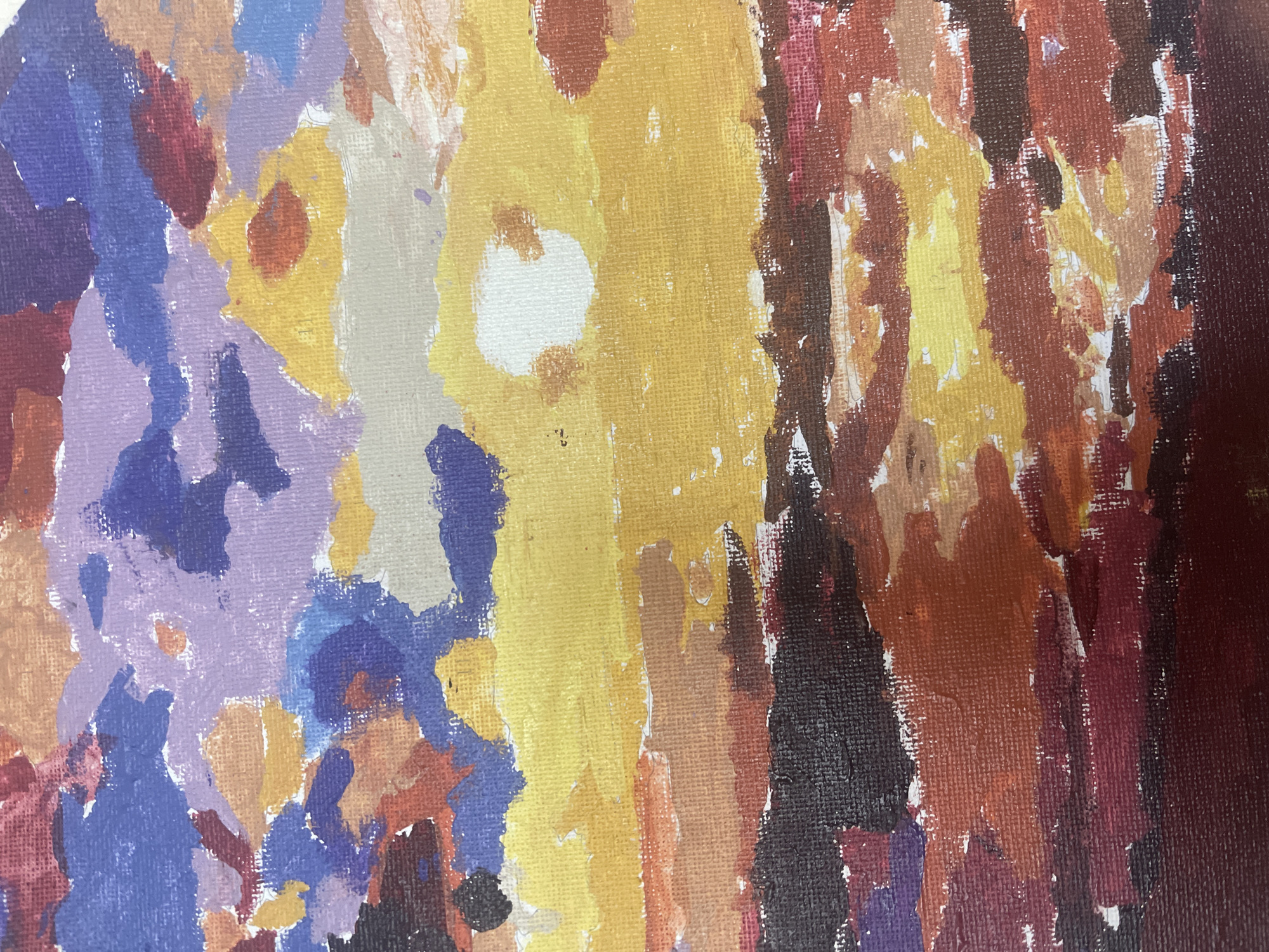 The media file presents a vibrant and textured abstract painting, characterized by broad, visible brushstrokes and a clear canvas texture, suggesting a medium like acrylic or oil paint applied with a noticeable impasto effect in parts.
The composition features a dynamic interplay of vertical and irregular color blocks. On the left side, the palette consists predominantly of cool tones, including various shades of lavender, deep purple, and royal blue, interspersed with hints of reddish-brown and light beige. As the eye moves towards the center, the colors shift to warmer hues, dominated by bright yellows, mustard tones, and golden oranges. A distinct, almost circular patch of bright white stands out in this central yellow area, acting as a focal point and suggesting a source of intense light or highlight.
The right portion of the painting transitions into a rich array of warm, earthy tones: orange, brick red, and multiple shades of brown. These colors gradually deepen into a dark maroon or deep chocolate brown towards the far right edge, creating a sense of depth and contrast. Throughout the warmer sections, smaller strokes of yellow and white add further highlights and textural variation.
There are no discernible people, specific objects, or identifiable scenes depicted; the image is entirely abstract. Consequently, no activity or event is taking place, and there are no direct location cues or emotions conveyed through figurative elements. The piece emphasizes color, texture, and abstract form. No text is visible in the image.