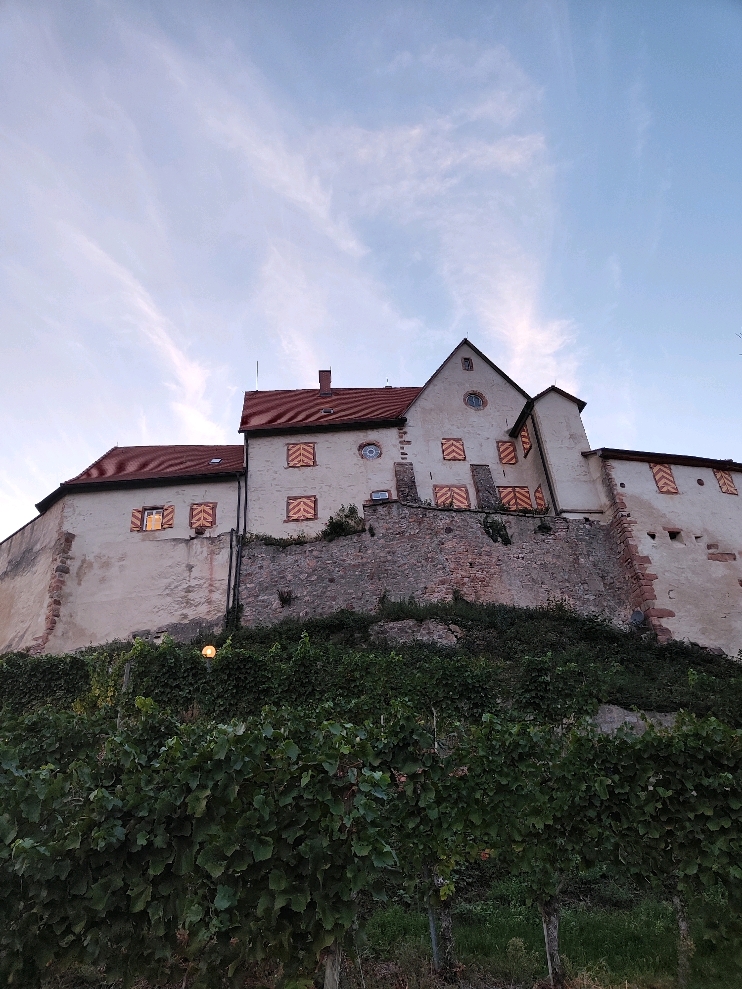 The image shows a view of a castle in Durbach, Germany, from below. The castle is built on a hillside and is surrounded by a vineyard in the foreground. The castle itself is made of stone and has a red tiled roof. There are several windows visible, some of which are lit from within. The sky above is cloudy and has a pinkish hue, suggesting it is either dawn or dusk. The overall scene is picturesque and evokes a sense of history and natural beauty.